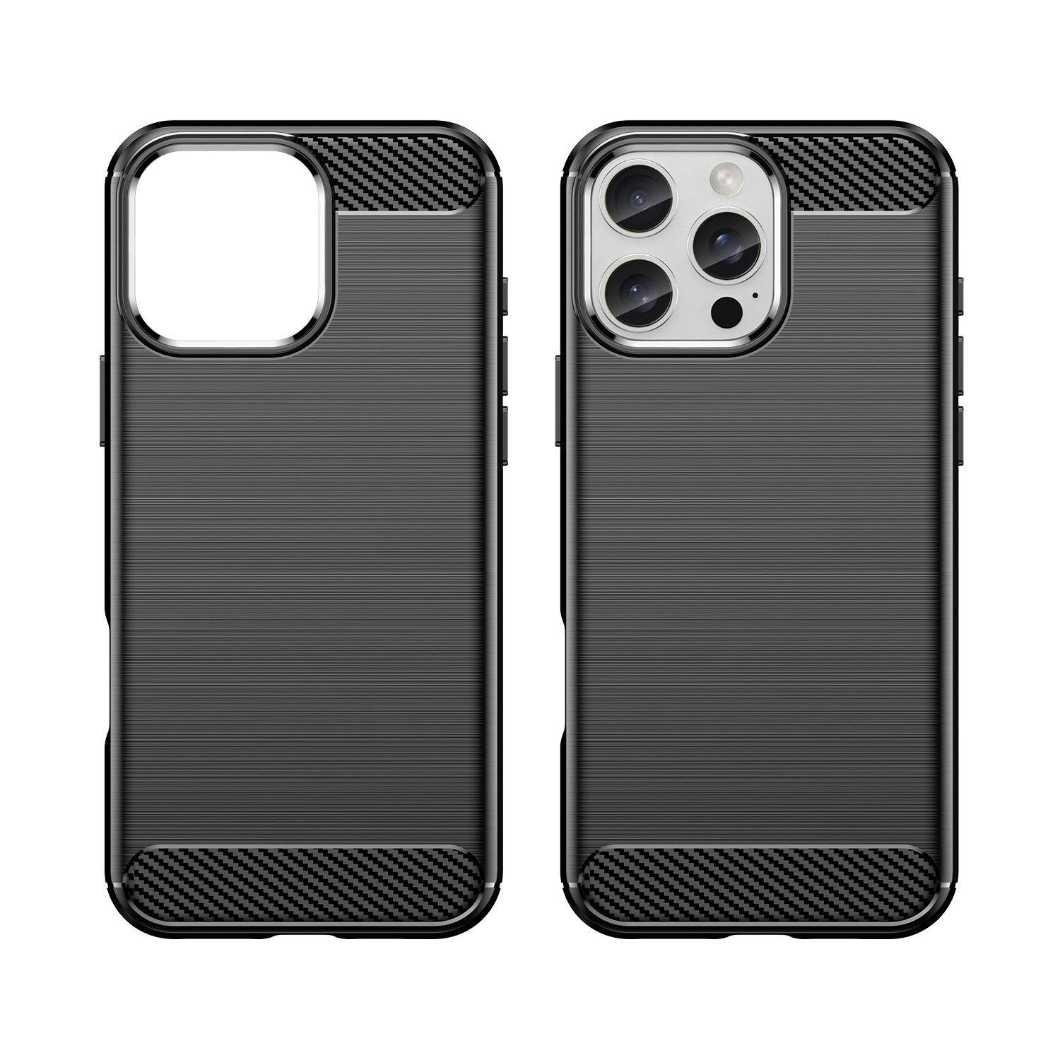 Dos fundas negras para teléfono con textura de fibra de carbono. Están sobre un fondo blanco.