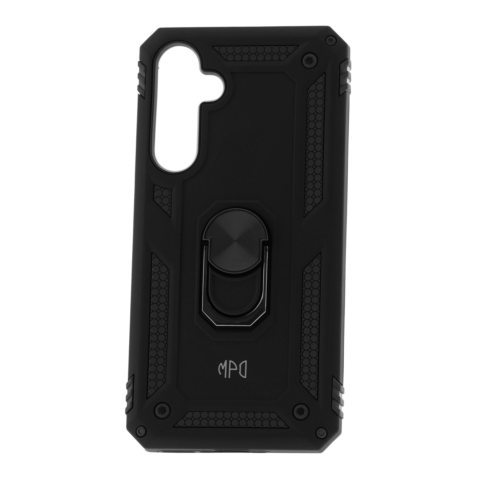 Funda negra para teléfono con soporte de anillo. La funda tiene un diseño protector. El logotipo MPD es visible.