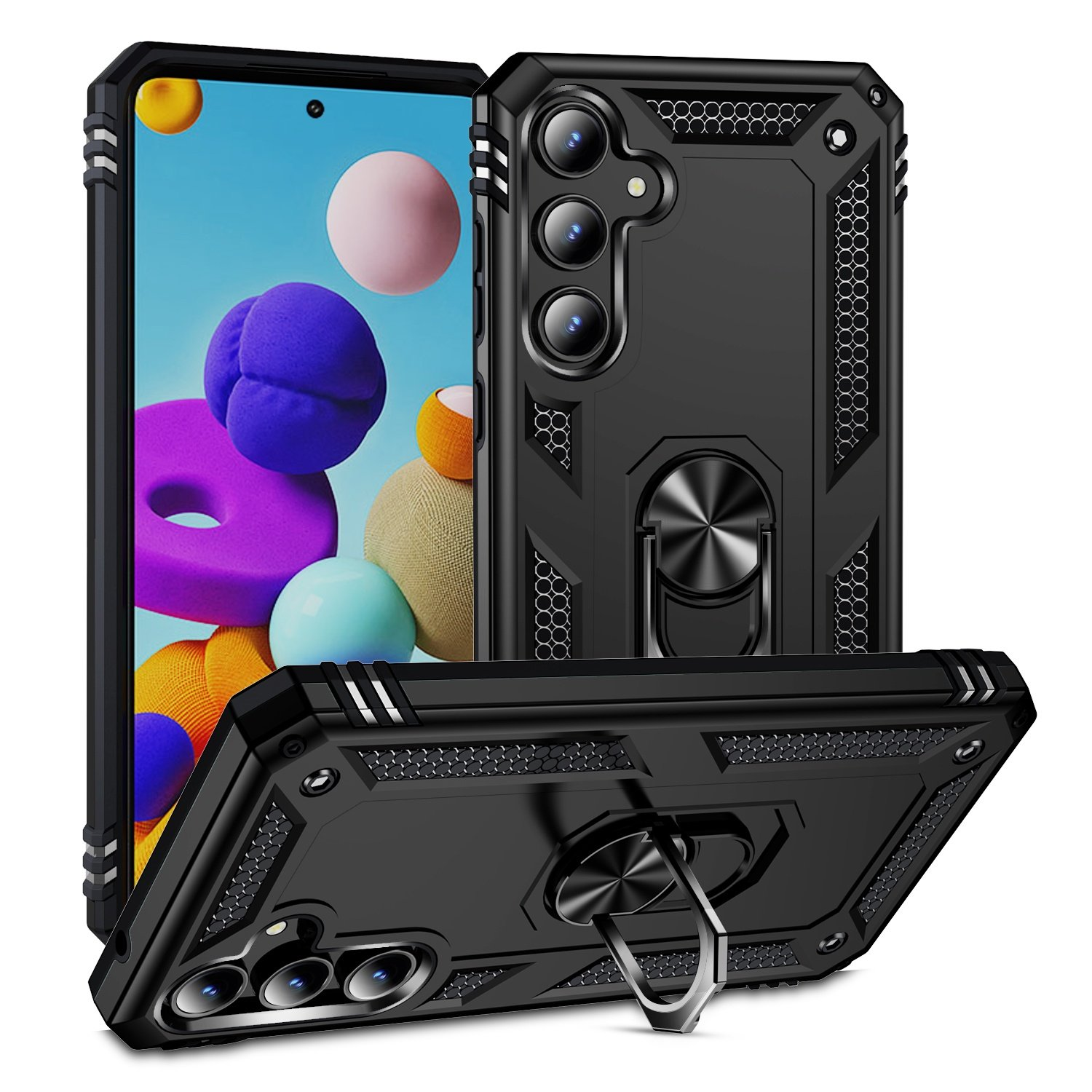 Tres fundas negras, con un teléfono mostrando una pantalla colorida, sobre fondo blanco.