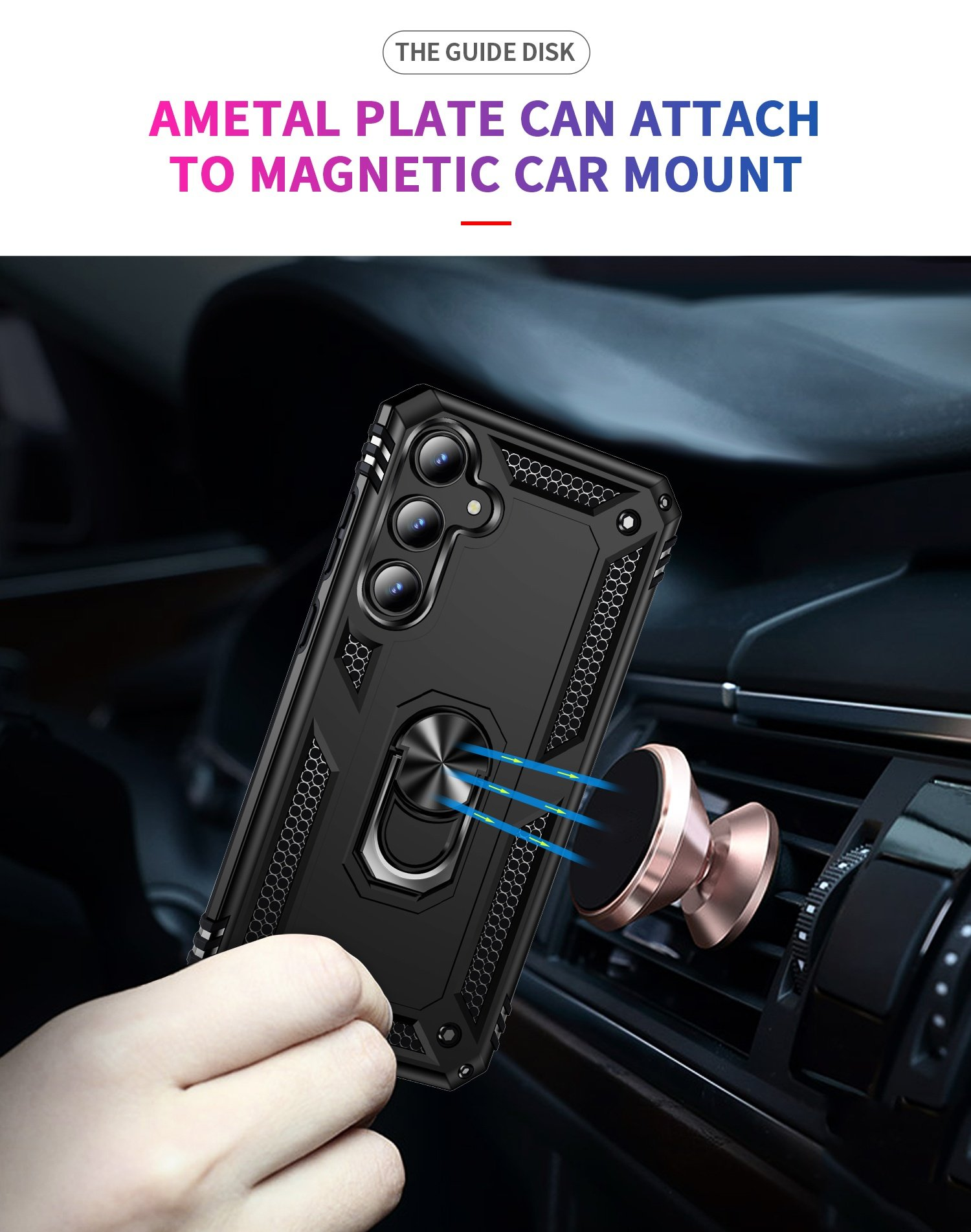 Funda negra para teléfono con soporte de anillo que se fija a un soporte magnético para automóvil, mostrando el uso de la placa metálica.