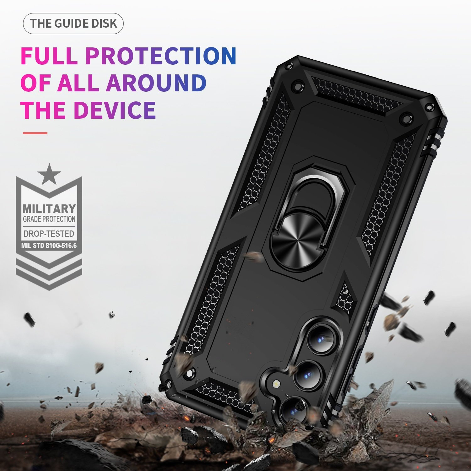 Funda de teléfono negra con un teléfono. El texto dice protección completa alrededor del dispositivo.