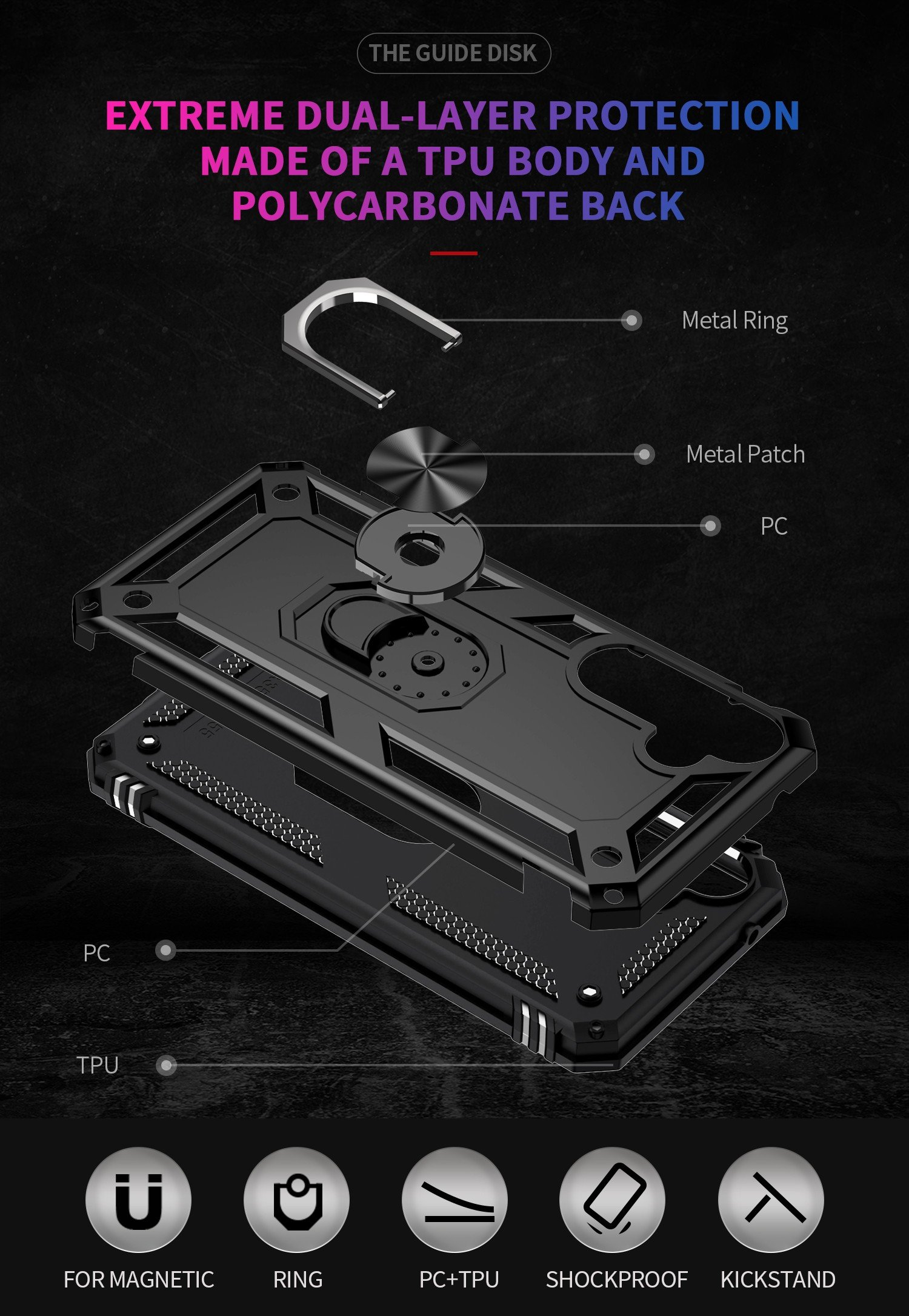 Diagrama de piezas de funda de teléfono, negro, con etiquetas, sobre fondo oscuro.