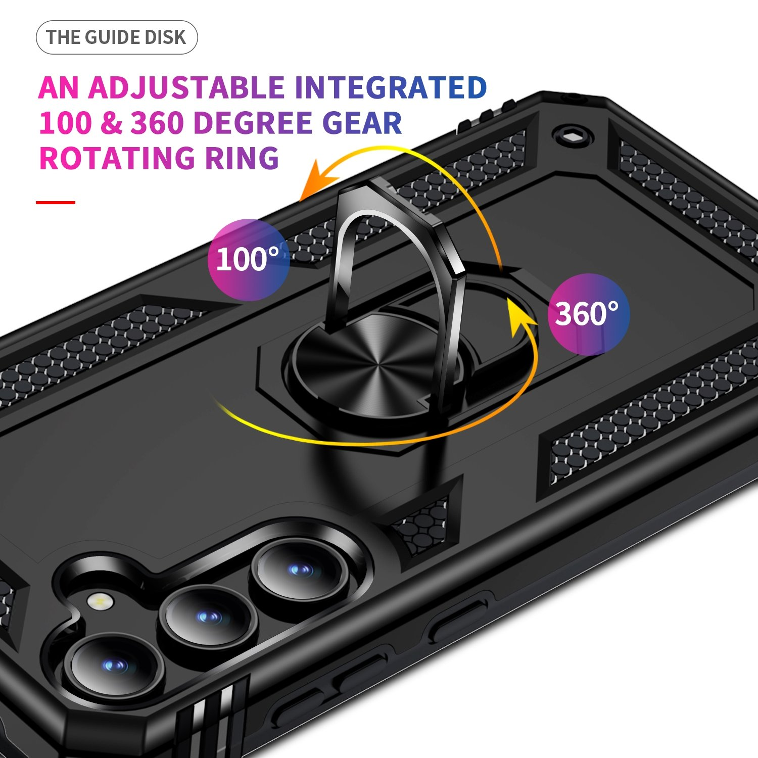 Funda de teléfono negra con anillo giratorio.