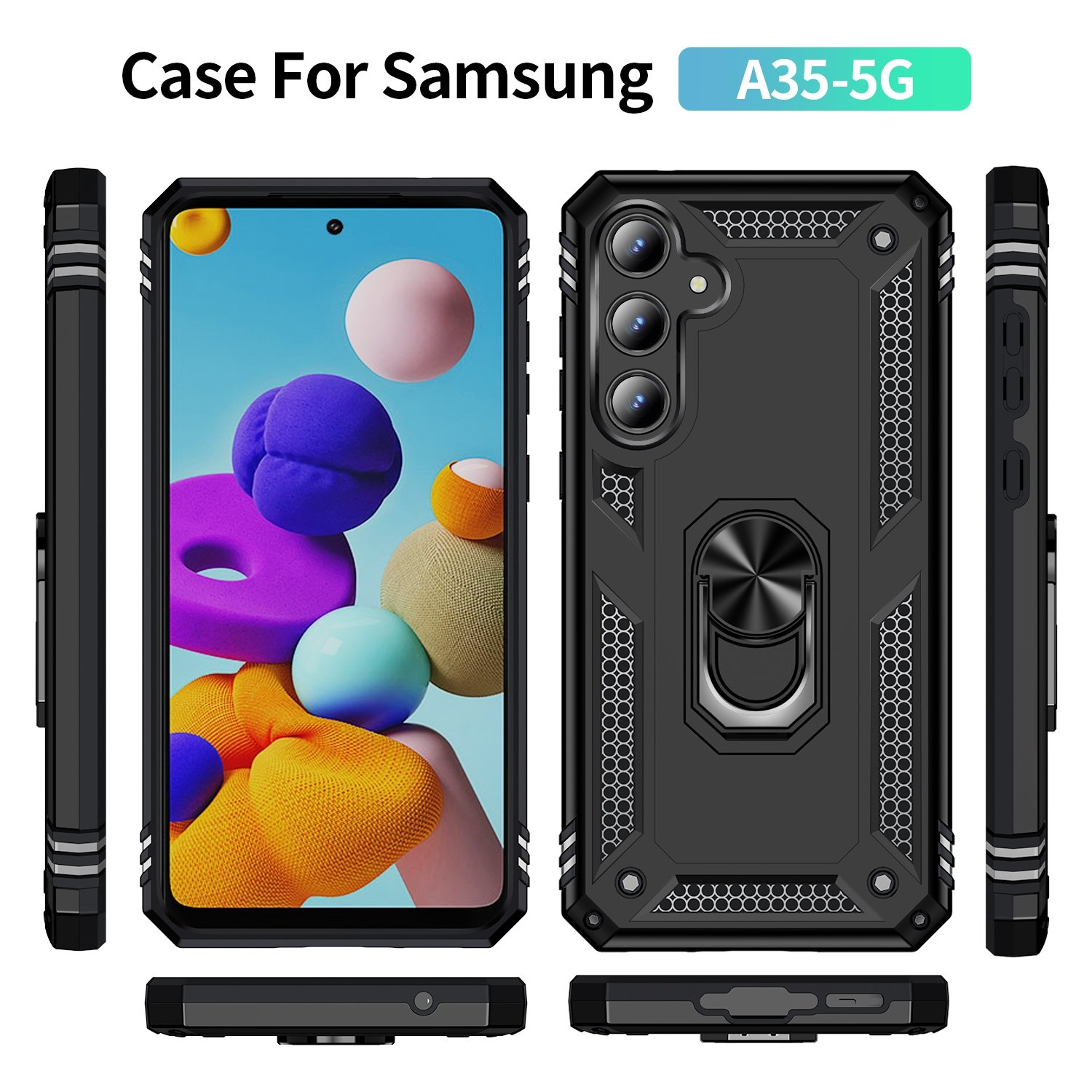 Una funda negra para teléfono con soporte de anillo, se muestran varios ángulos, superposición de texto.