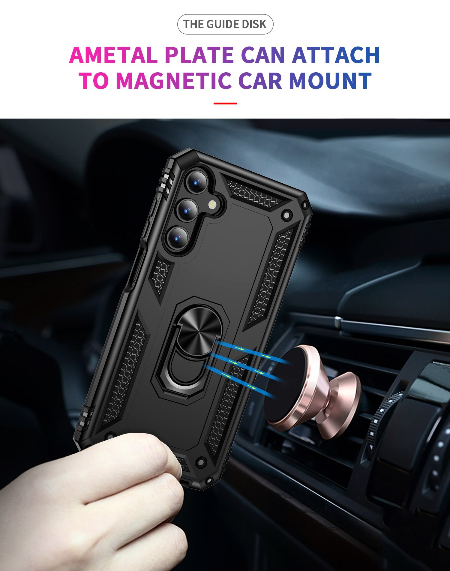 Teléfono negro con funda y soporte de anillo, fijado a la ventilación del coche, texto sobre soporte magnético.