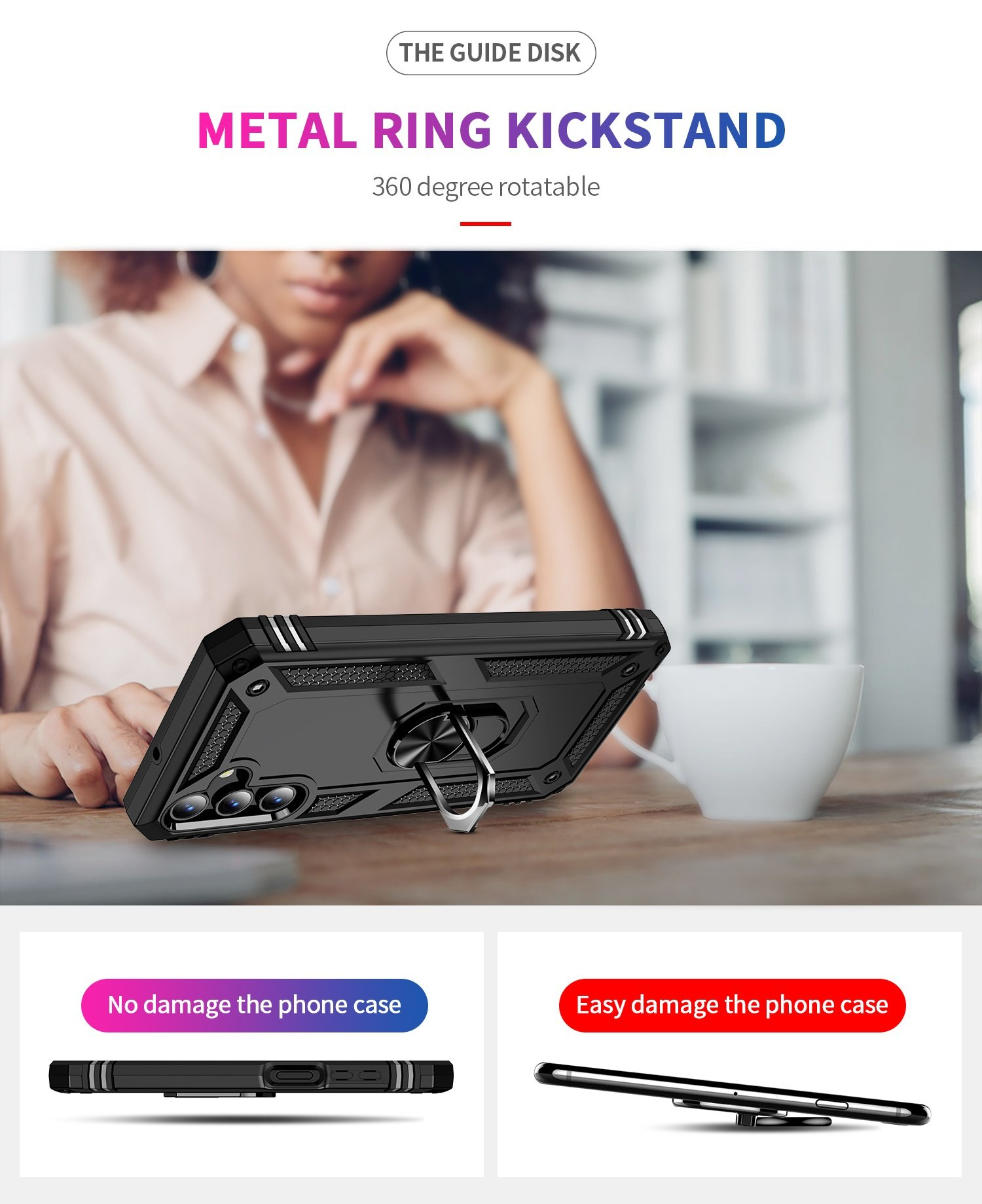 Funda negra para teléfono con soporte de anillo metálico, y una persona con una taza en el fondo.