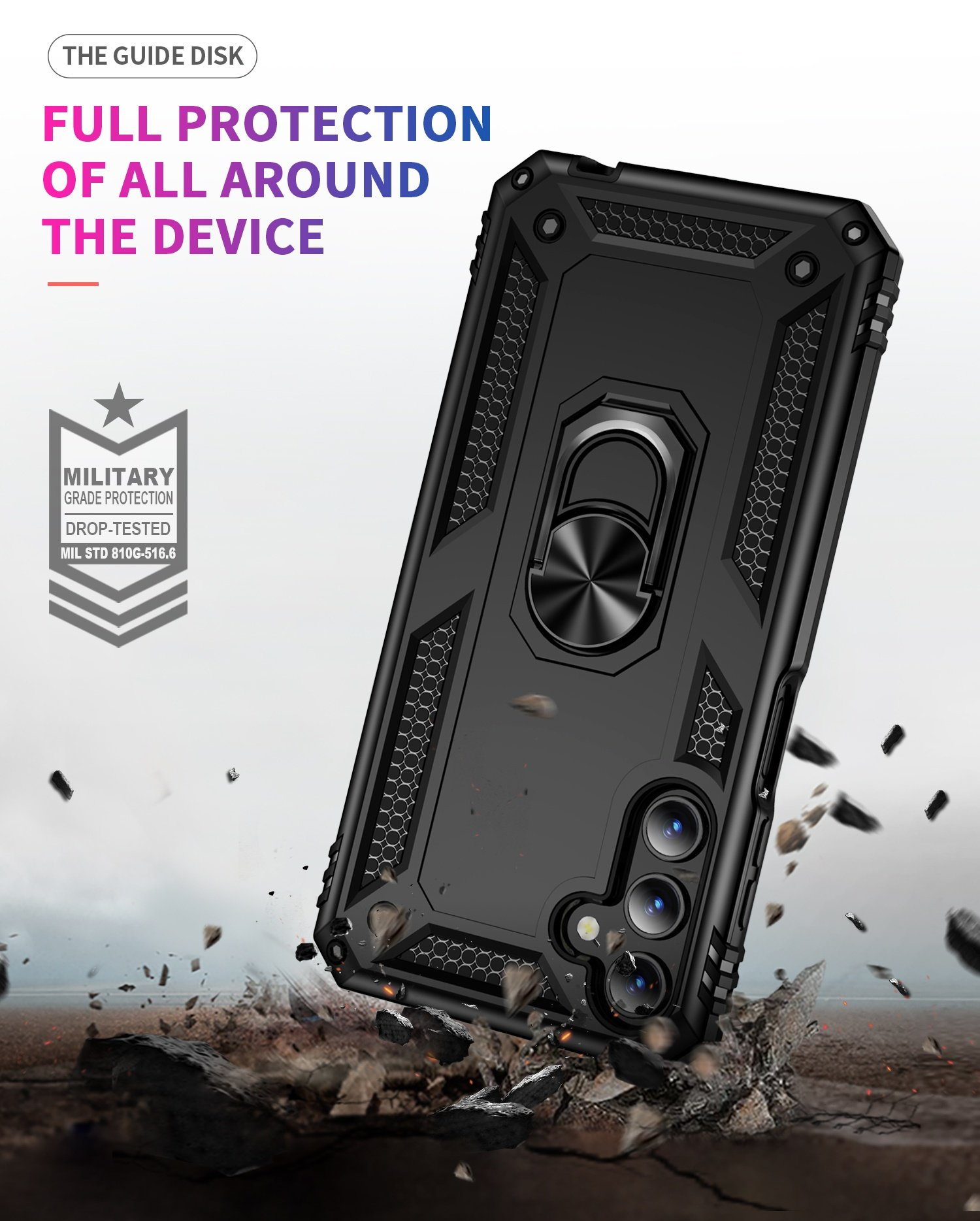 Funda negra para teléfono con soporte de anillo y un teléfono.