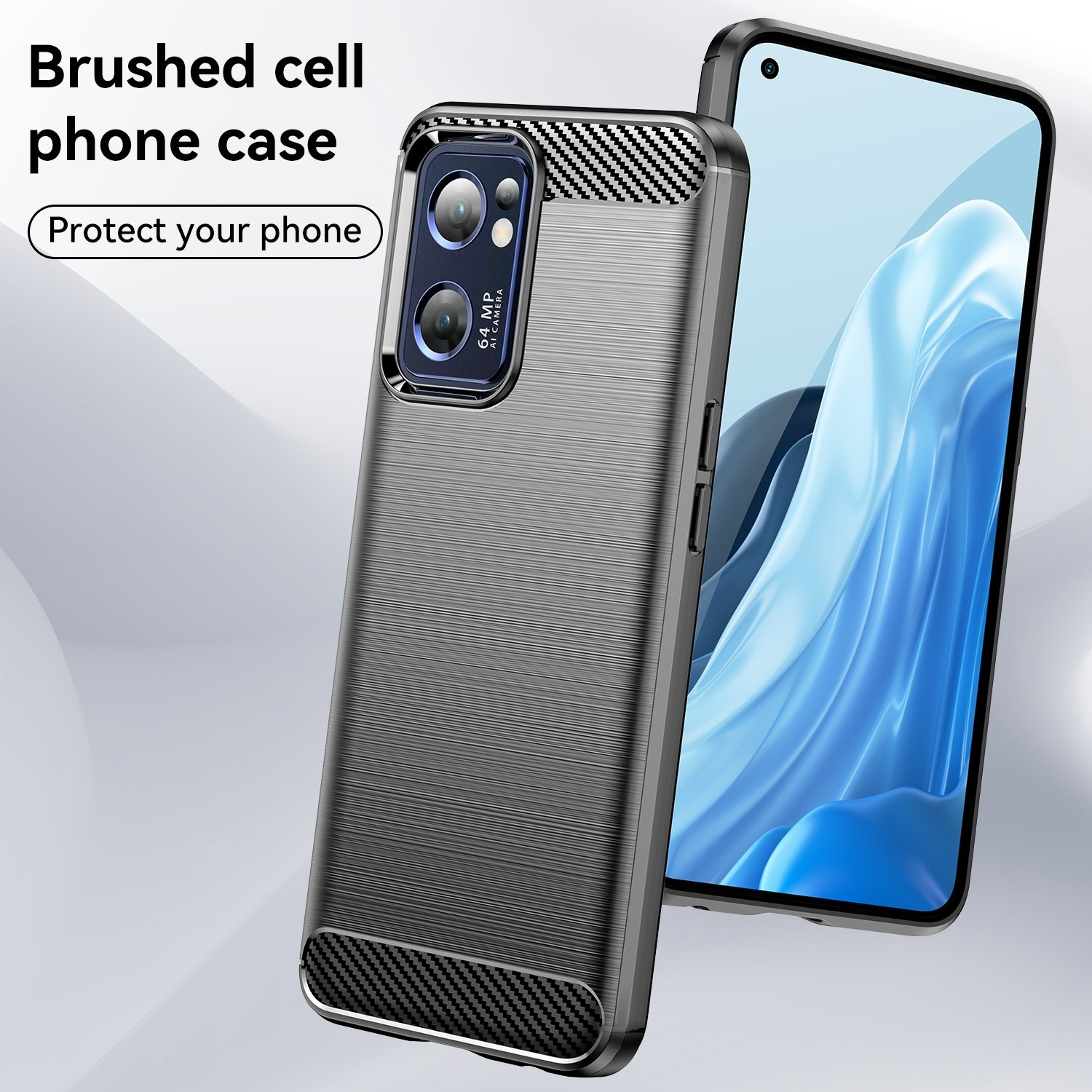 Funda gris cepillada junto a un teléfono con fondo azul-blanco borroso.