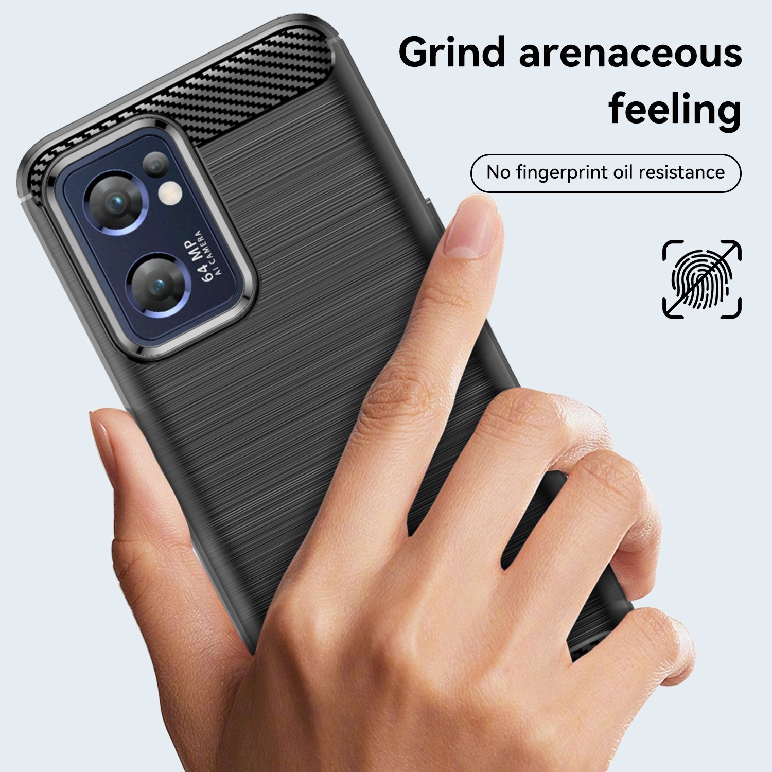Mano sosteniendo un teléfono en una funda negra. Texto dice 'Grind arenaceous feeling' y 'No fingerprint oil resistance'.