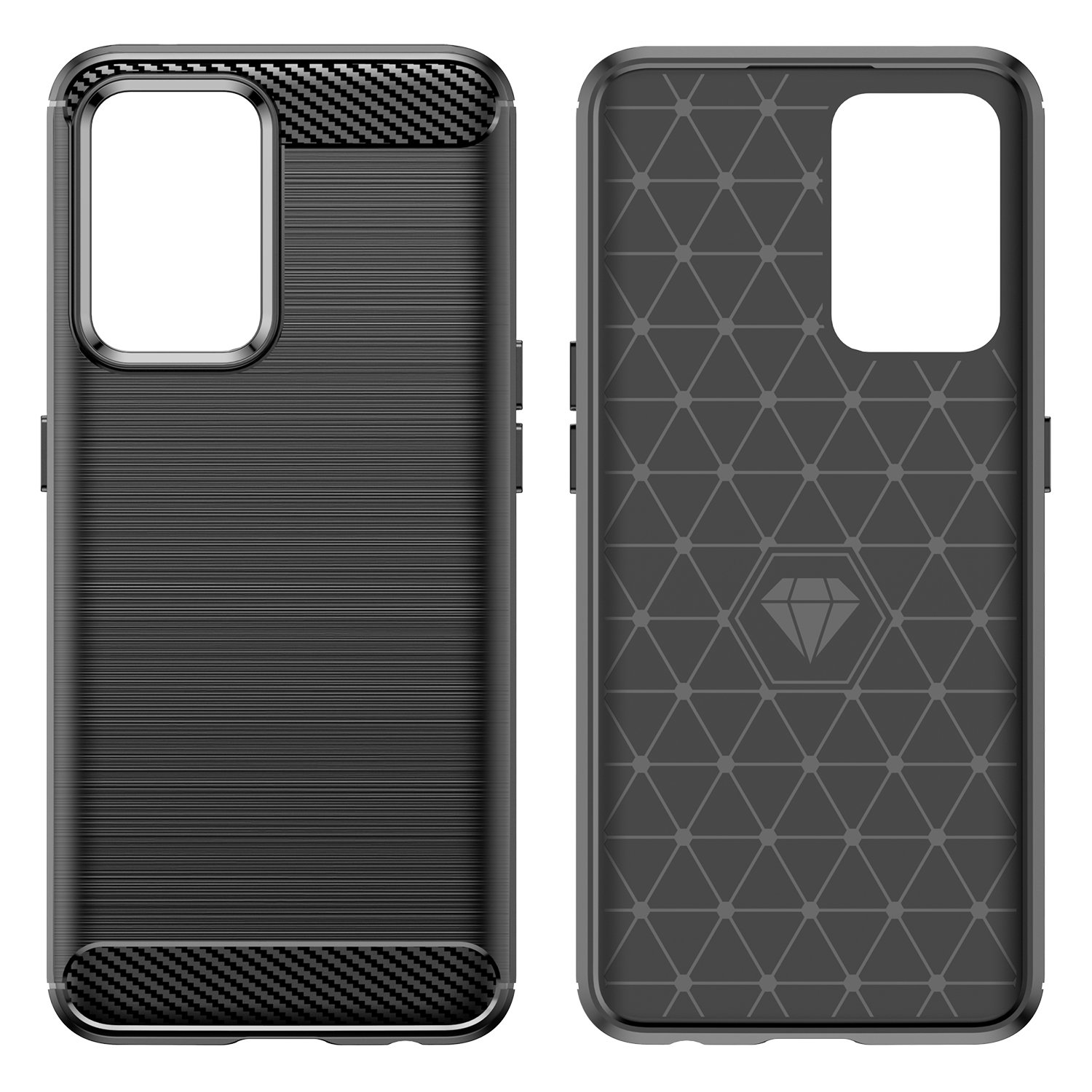 Dos fundas para teléfono, una abierta y otra cerrada, ambas con fibra de carbono negra.