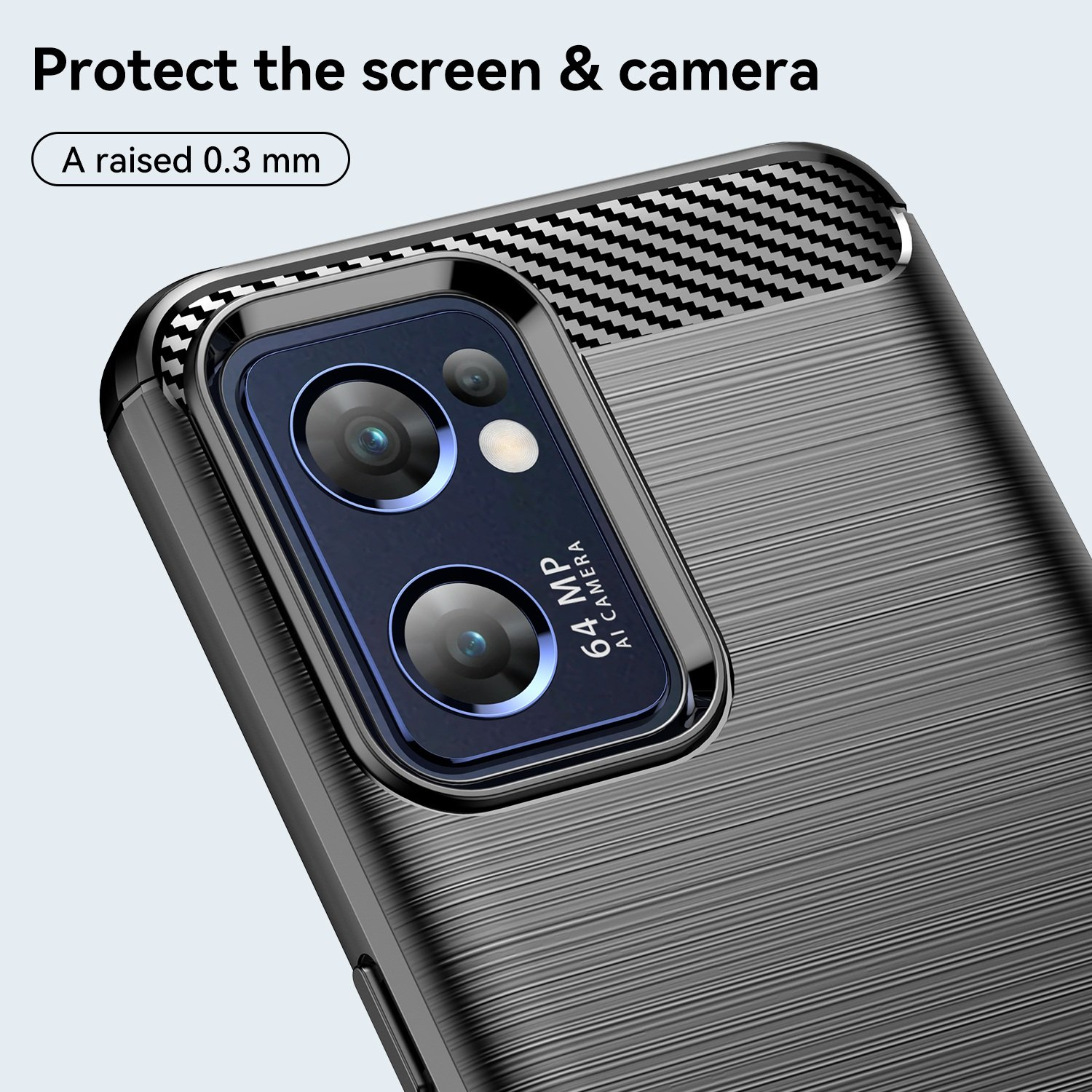 Primer plano de una funda de teléfono con patrón de fibra de carbono. Tiene recorte de cámara 64MP AI.