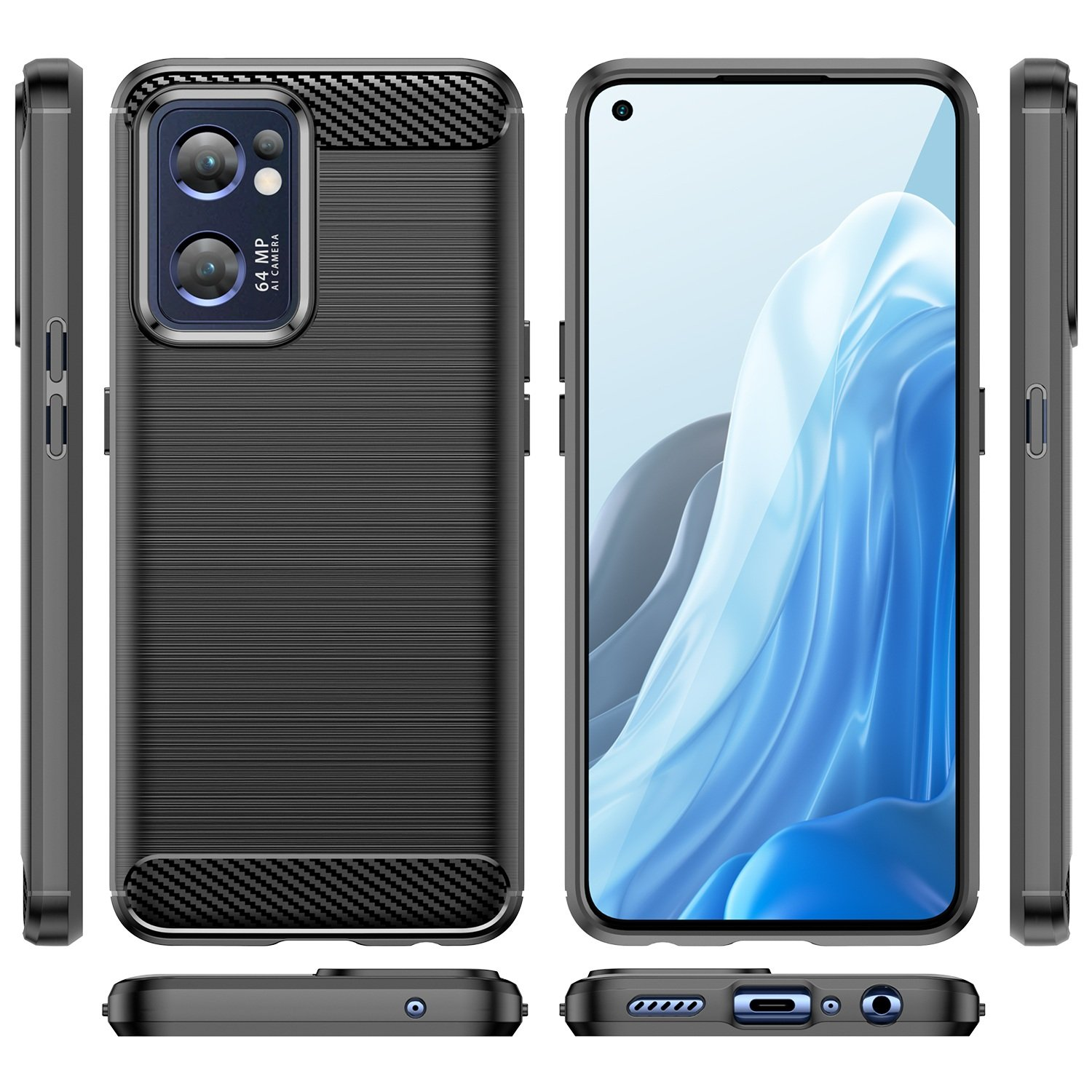 Funda negra, teléfono con pantalla azul. Detalles de fibra de carbono visibles.