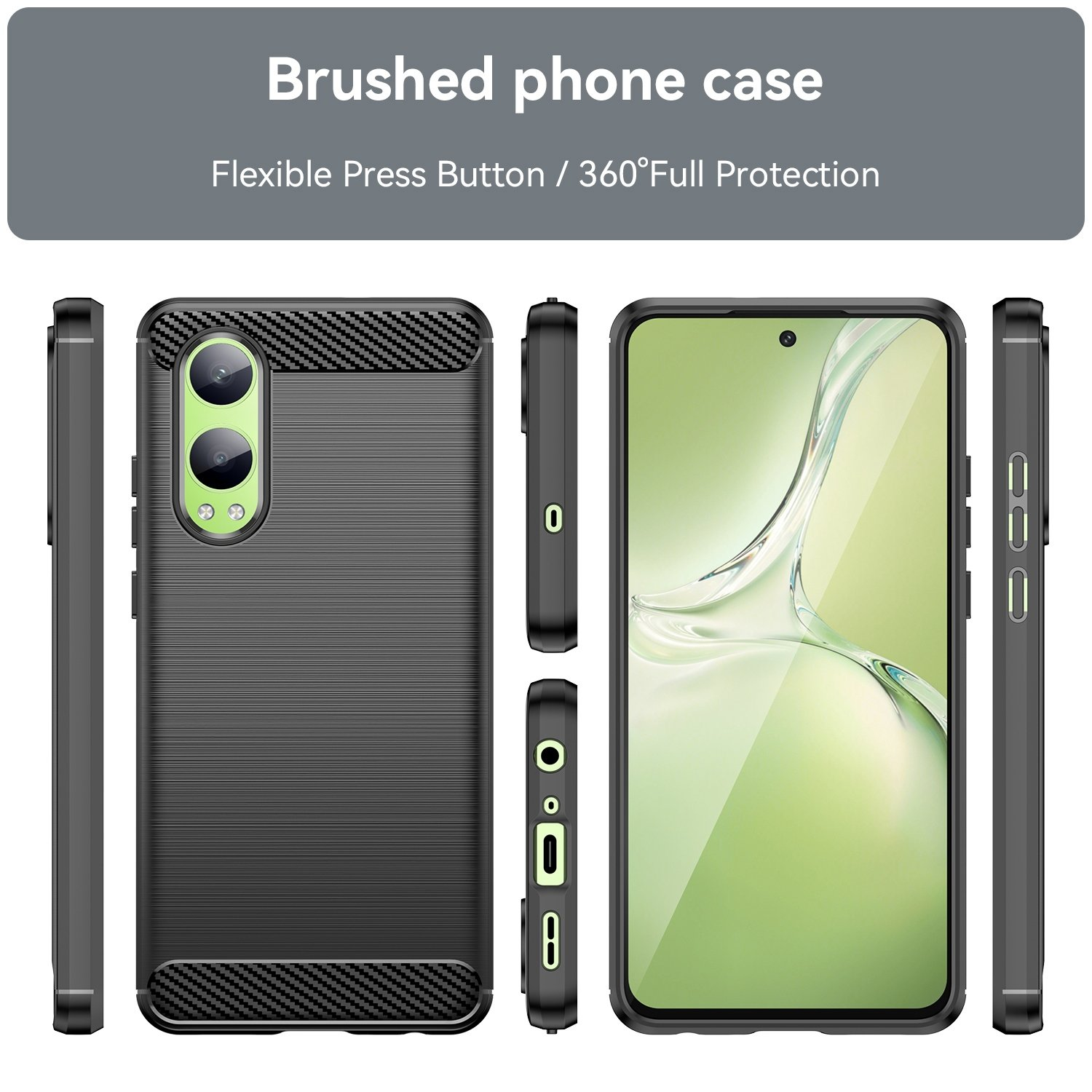 Múltiples vistas de una funda negra para teléfono. Diseño de fibra de carbono.