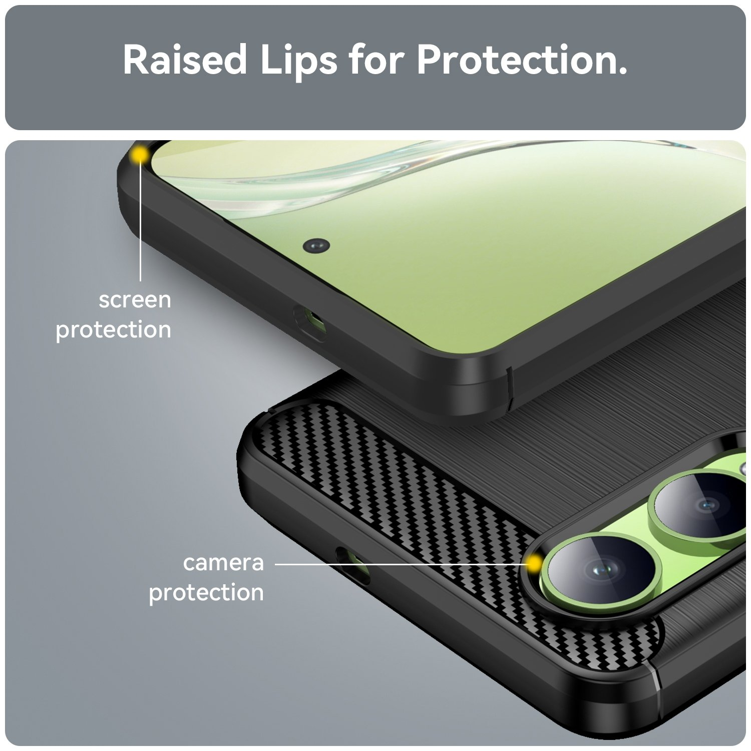 Primer plano de una funda de teléfono con un teléfono. La funda es negra con detalles verdes.