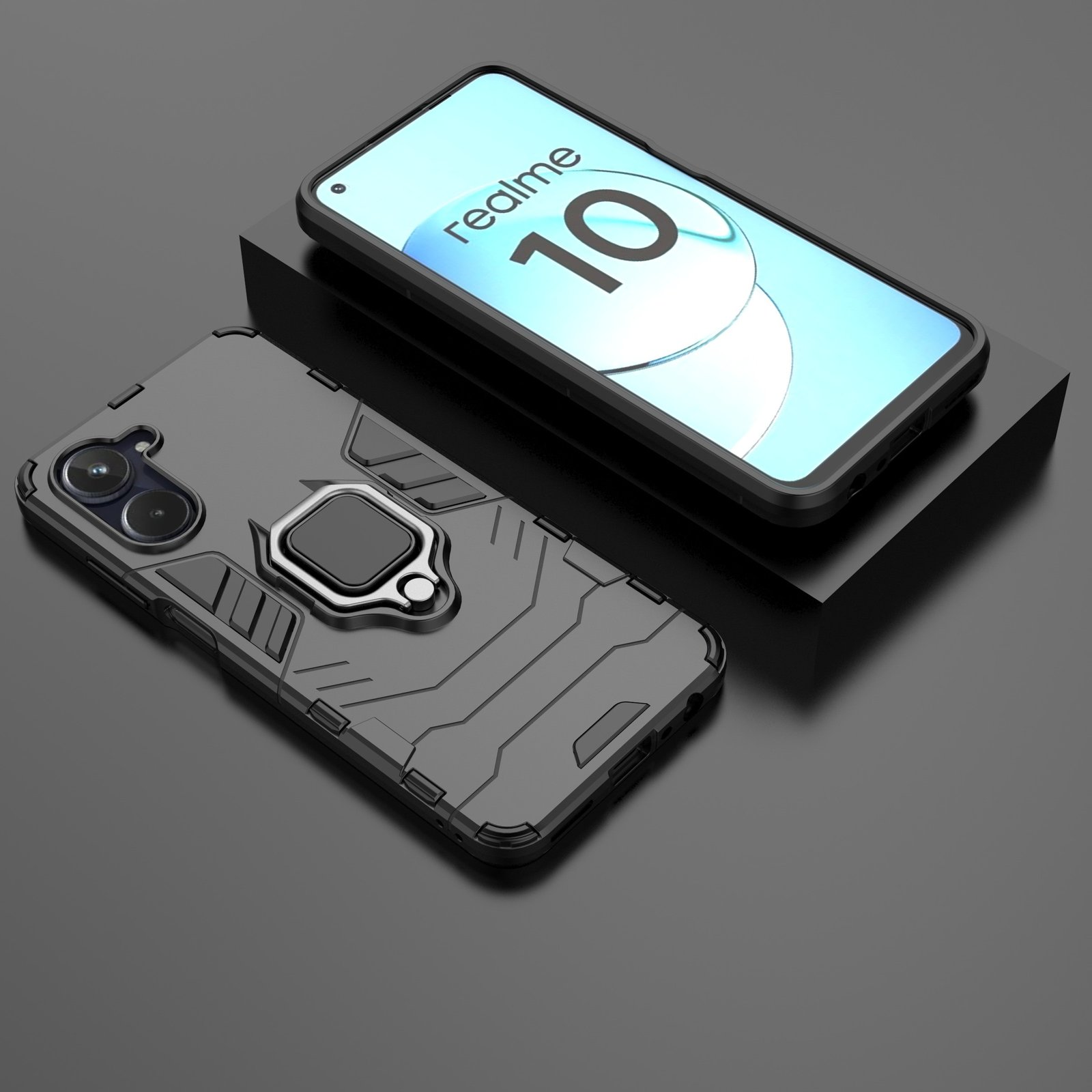 Funda gris para teléfono con soporte de anillo. Teléfono con 'realme 10' en pantalla.