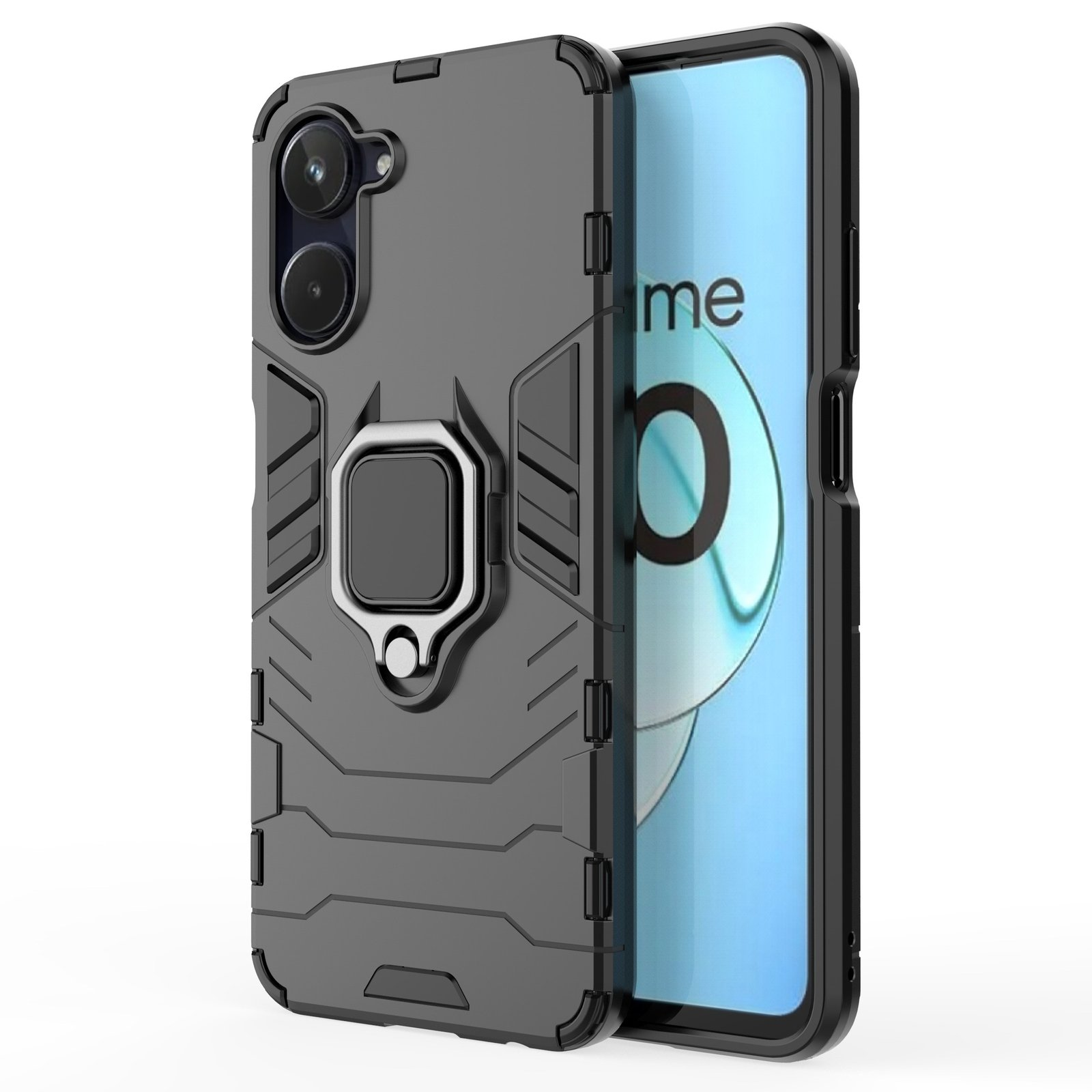 Funda negra con anillo. Teléfono con pantalla encendida. Múltiples vistas.