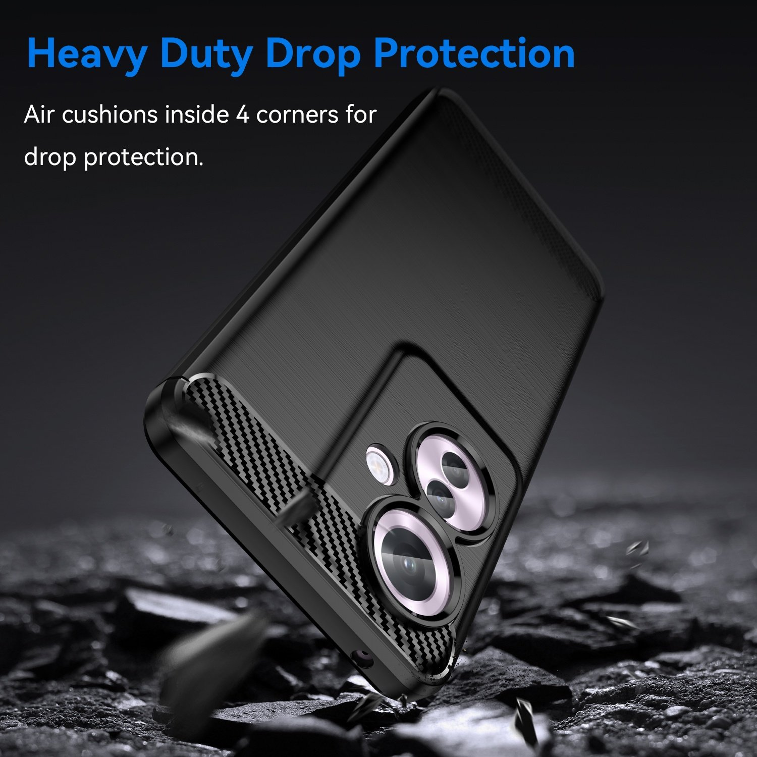 Funda negra para teléfono con protección de cámara. Fondo con fragmentos rotos.