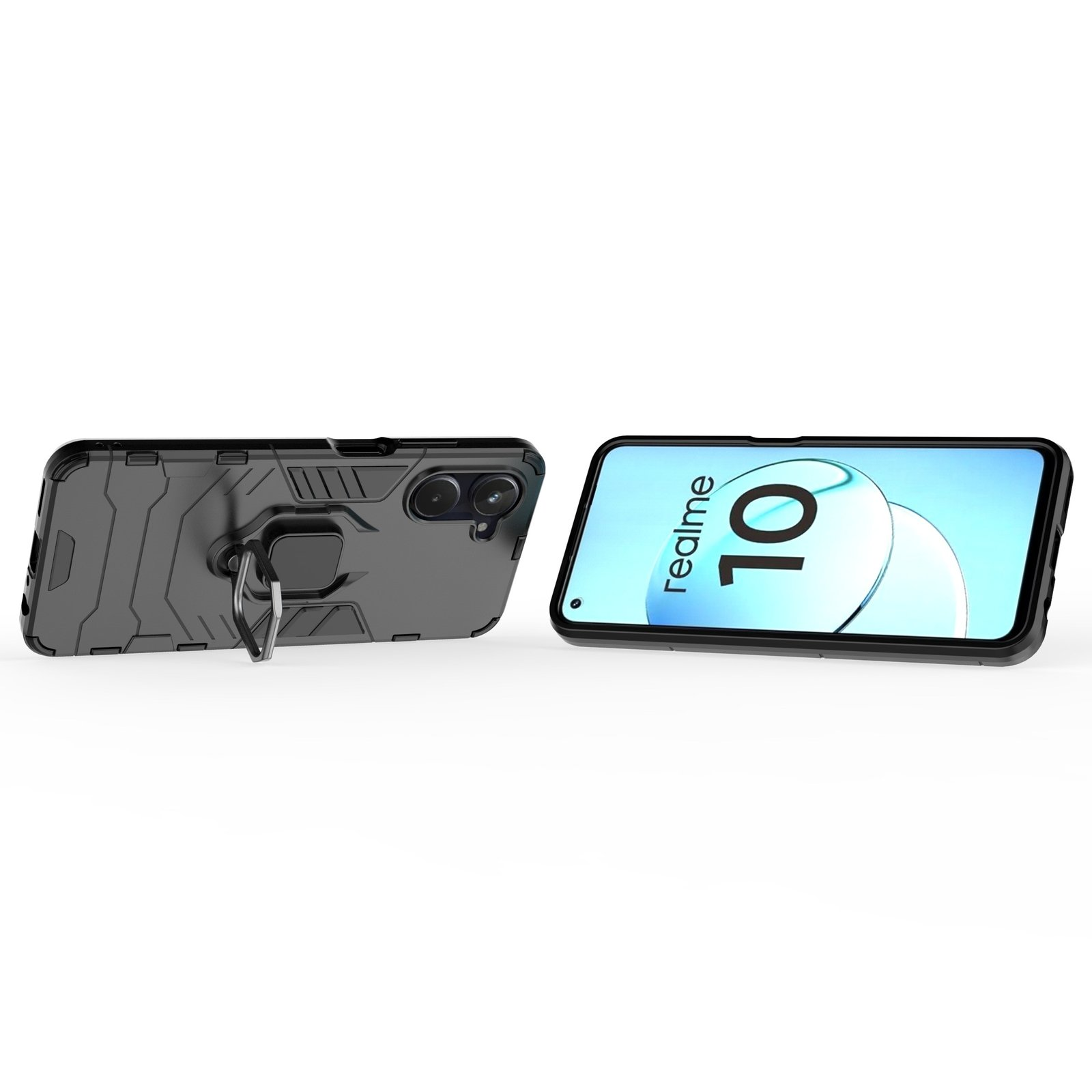 Funda negra con anillo. Teléfono con pantalla encendida. Múltiples vistas.