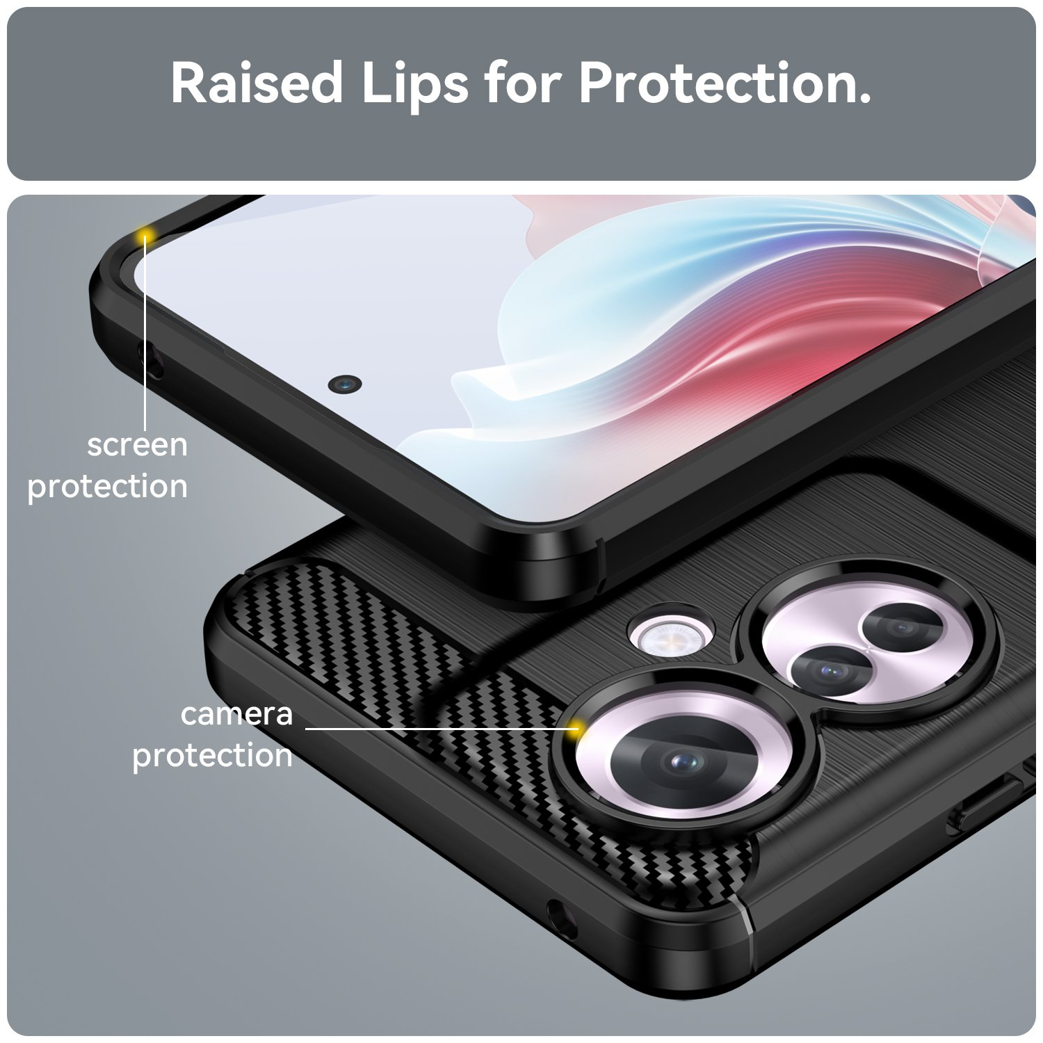 Primer plano de la funda del teléfono. Muestra detalles de protección de pantalla y cámara.