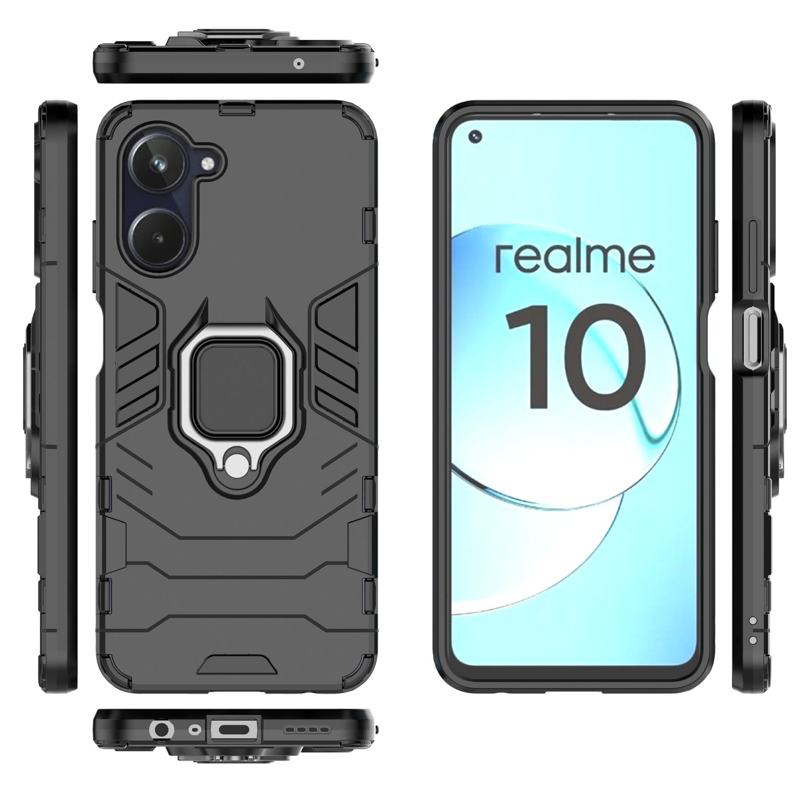 Funda para teléfono de diseño robusto y con soporte de anillo, vista desde múltiples ángulos.