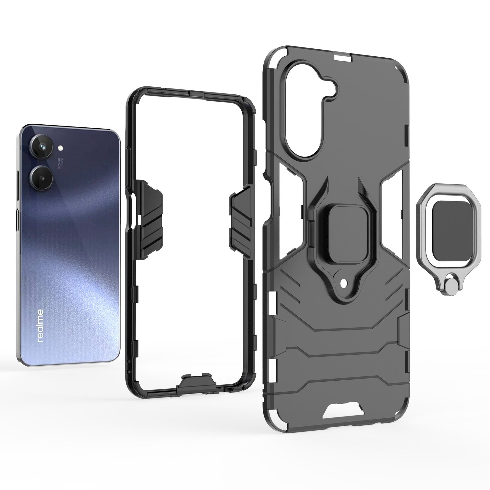 Funda negra con anillo, desmontada. Muestra los componentes del teléfono y las partes de la funda.