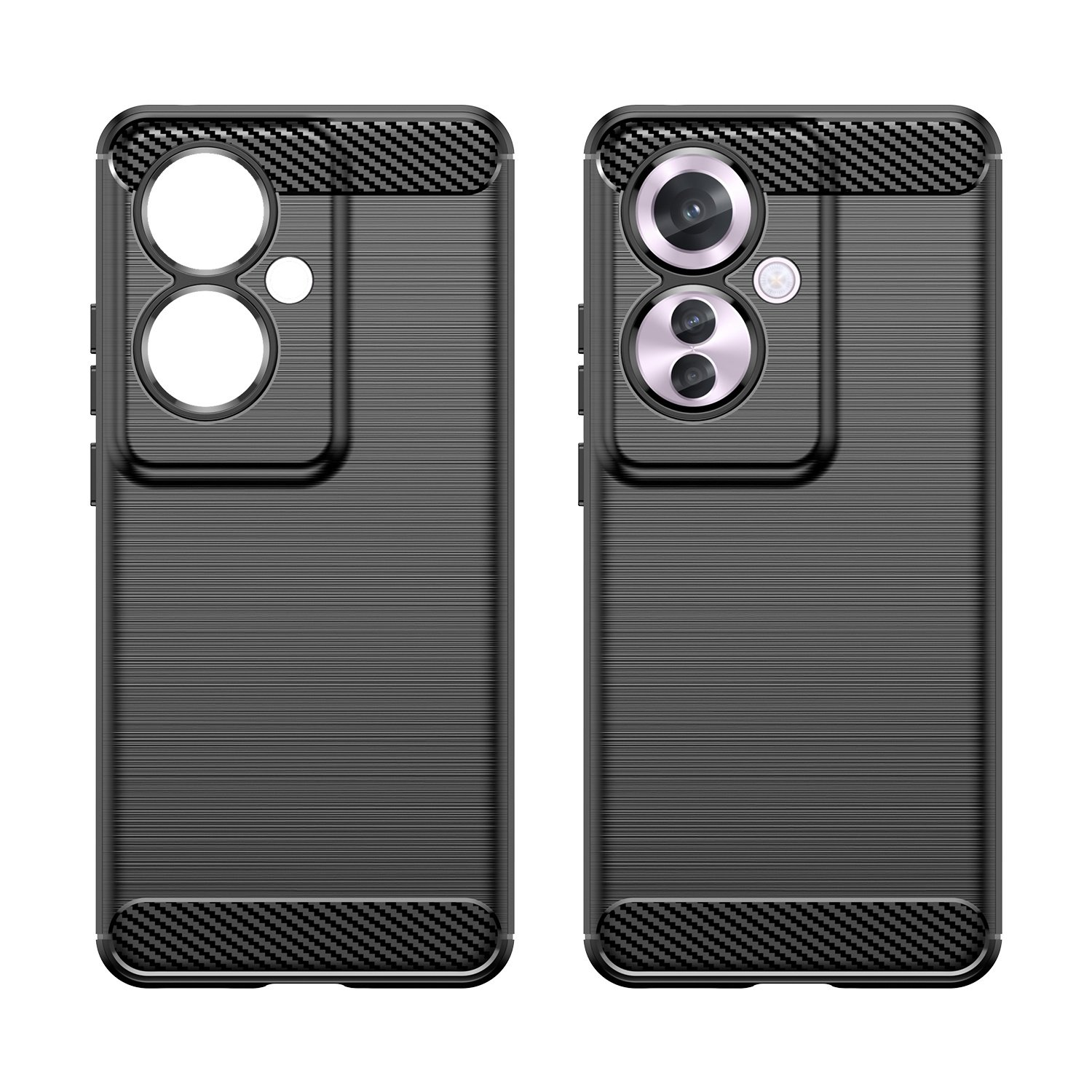 Dos fundas negras. Ambas tienen una parte trasera texturizada con diseño de fibra de carbono.
