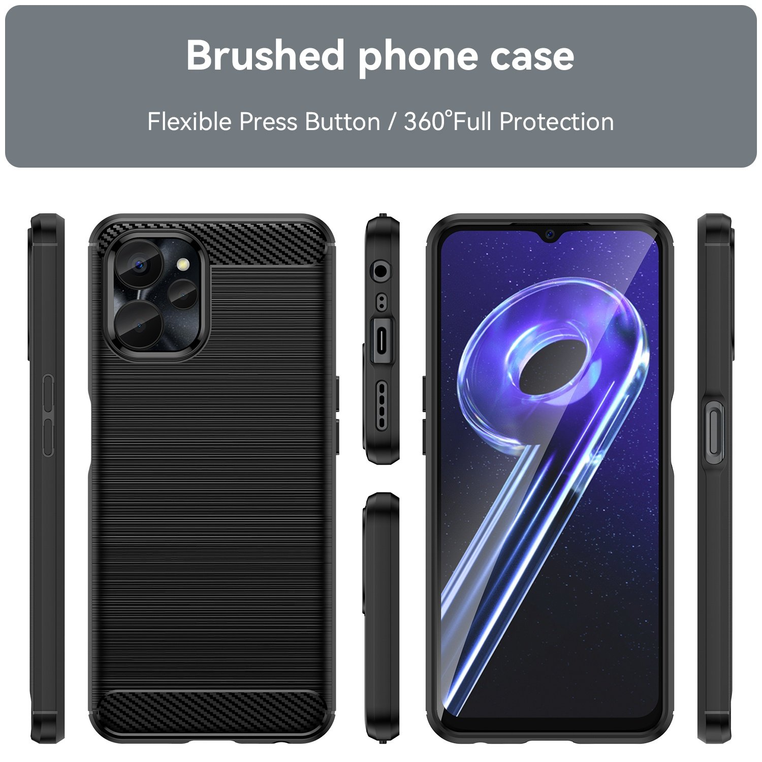 Funda de teléfono negra con parte trasera texturizada y múltiples vistas laterales.