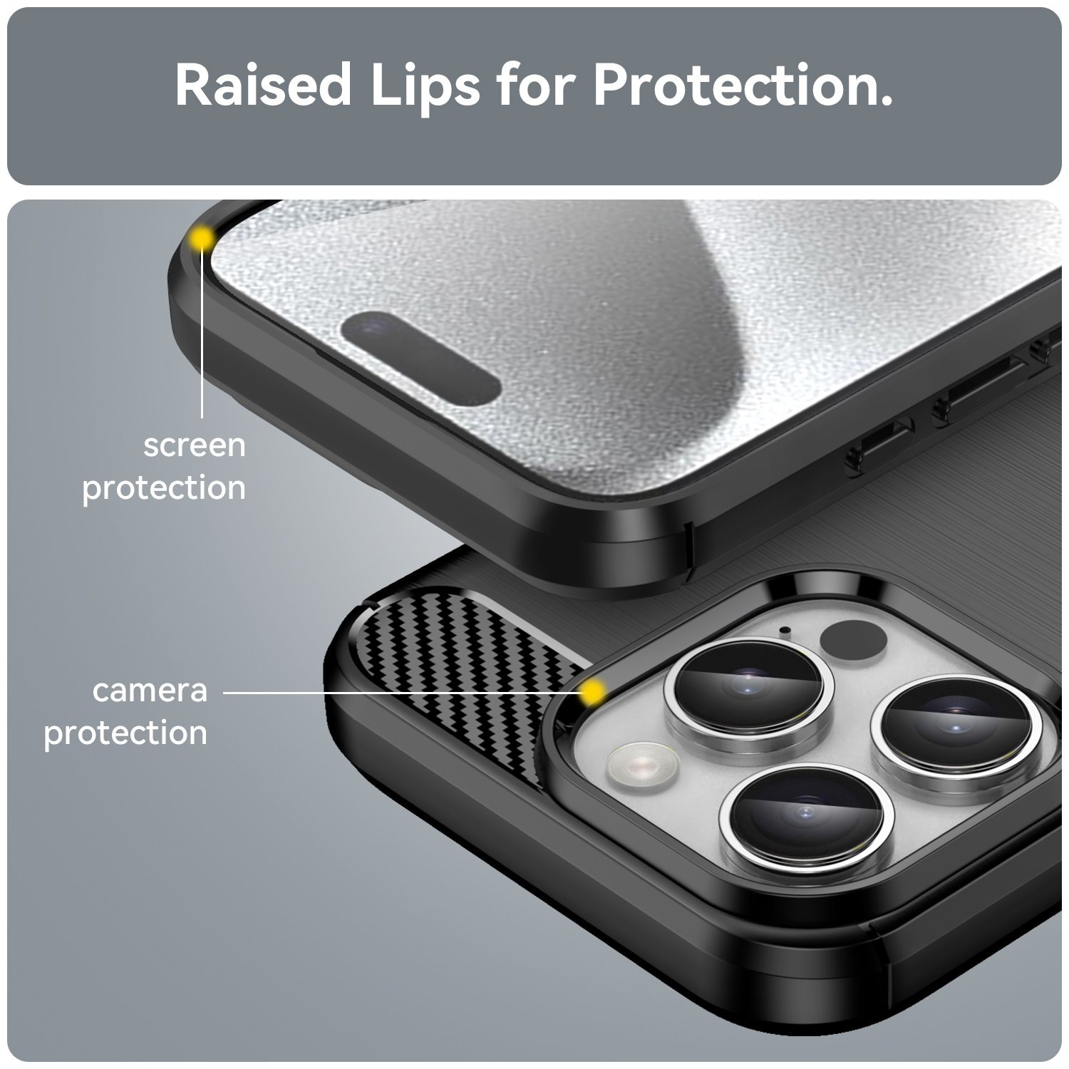 Primer plano de una funda negra para teléfono. Detalles de protección de cámara y pantalla. Fondo gris.