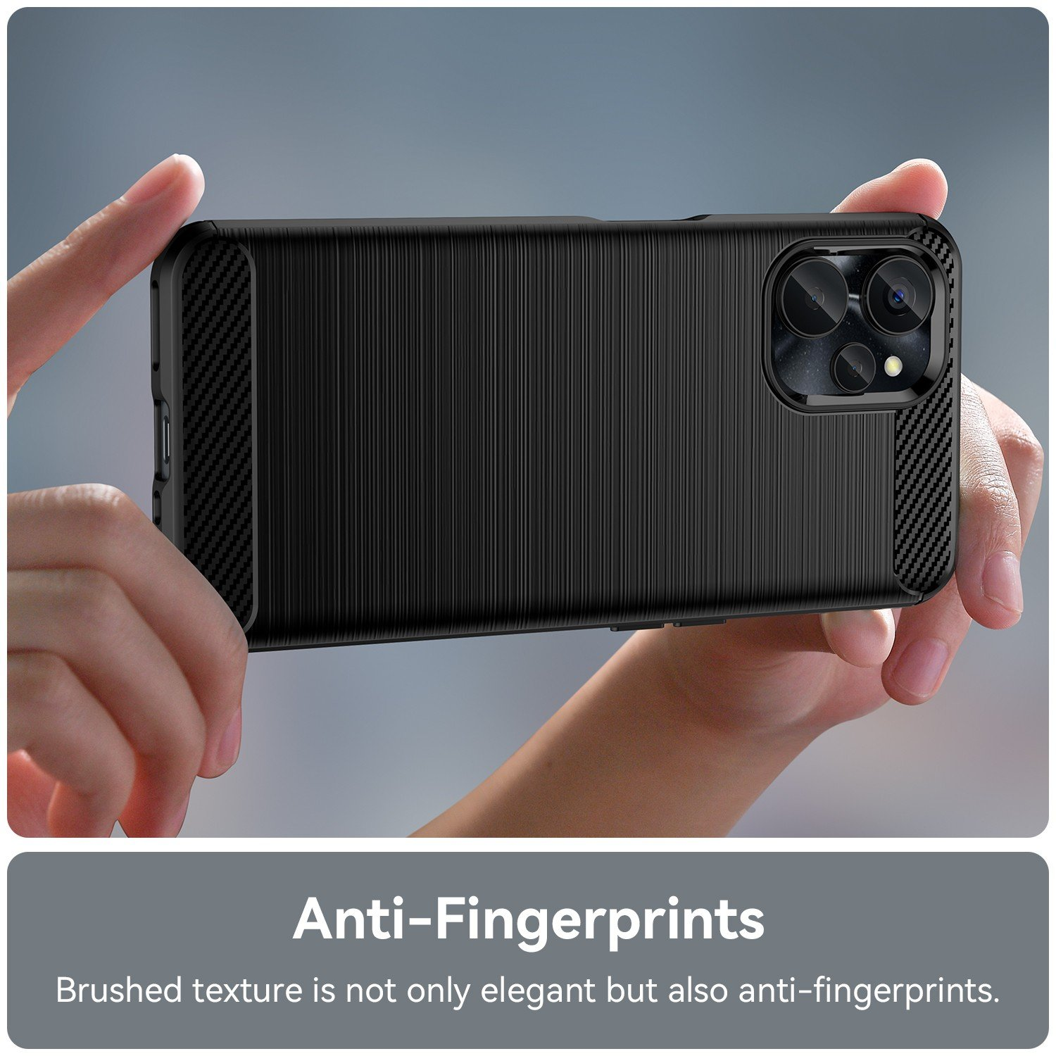 Funda de teléfono negra con teléfono y texto que dice Anti-Huellas. Fondo blanco.