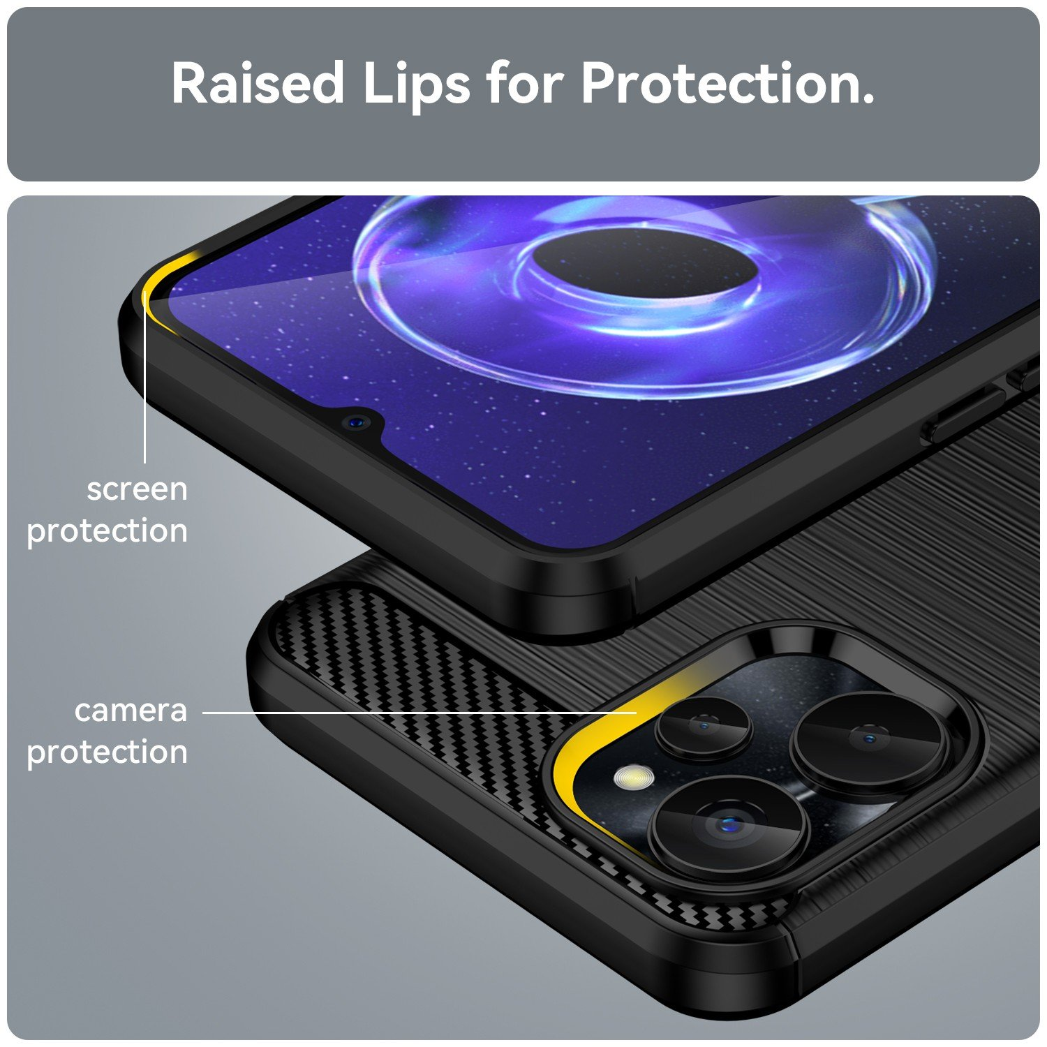 Primer plano de una funda negra. Muestra protección de pantalla y cámara con detalles amarillos.
