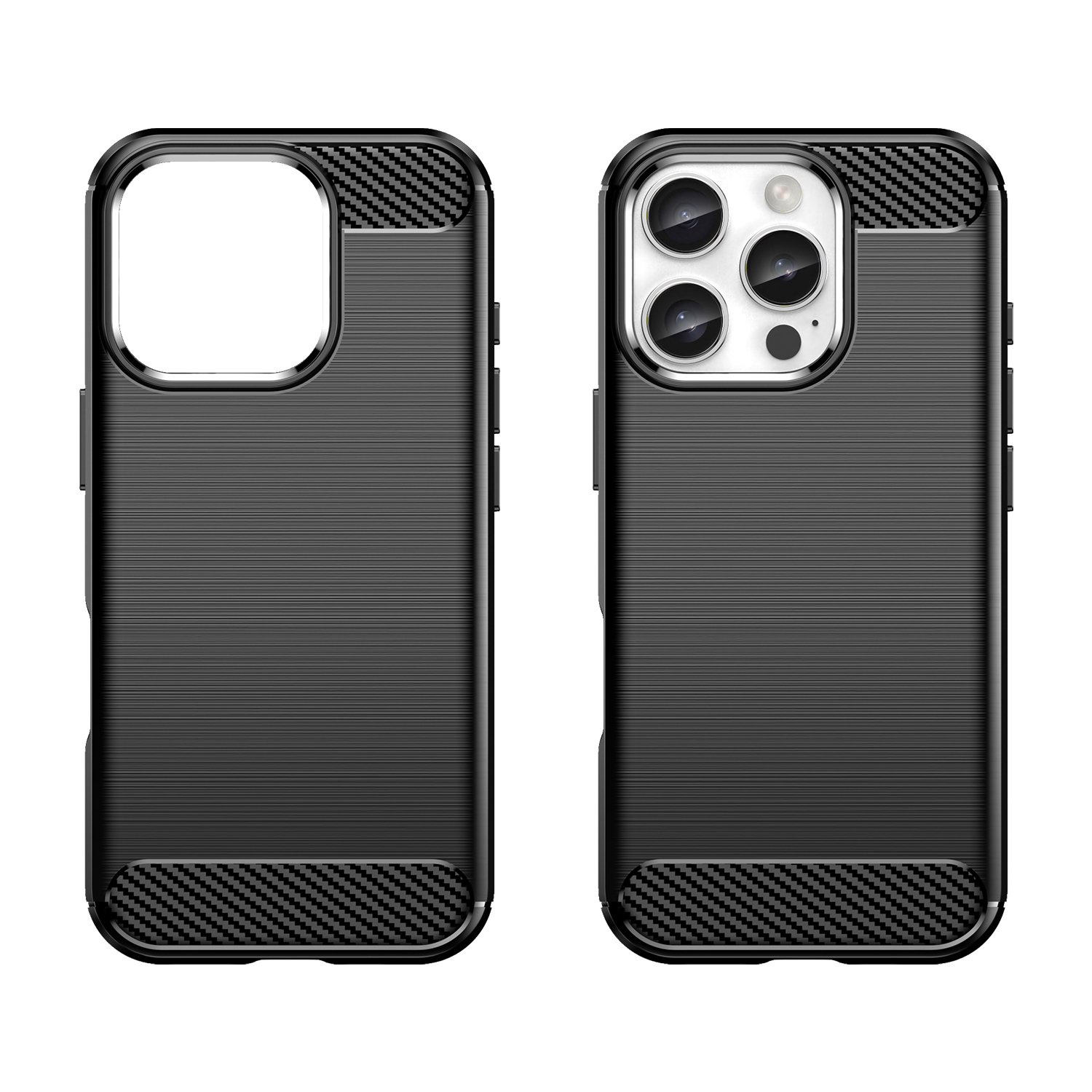 Dos fundas negras con textura cepillada. Una tiene un recorte para cámara.