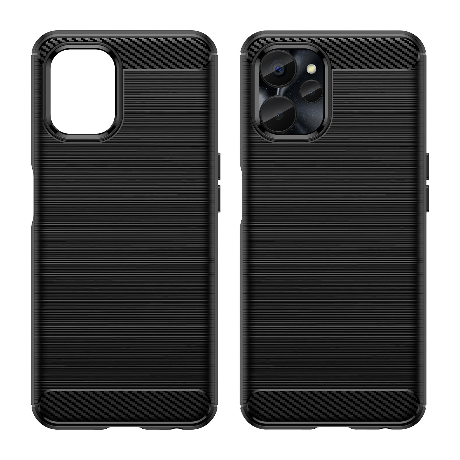 Dos fundas negras para teléfono con textura de fibra de carbono.