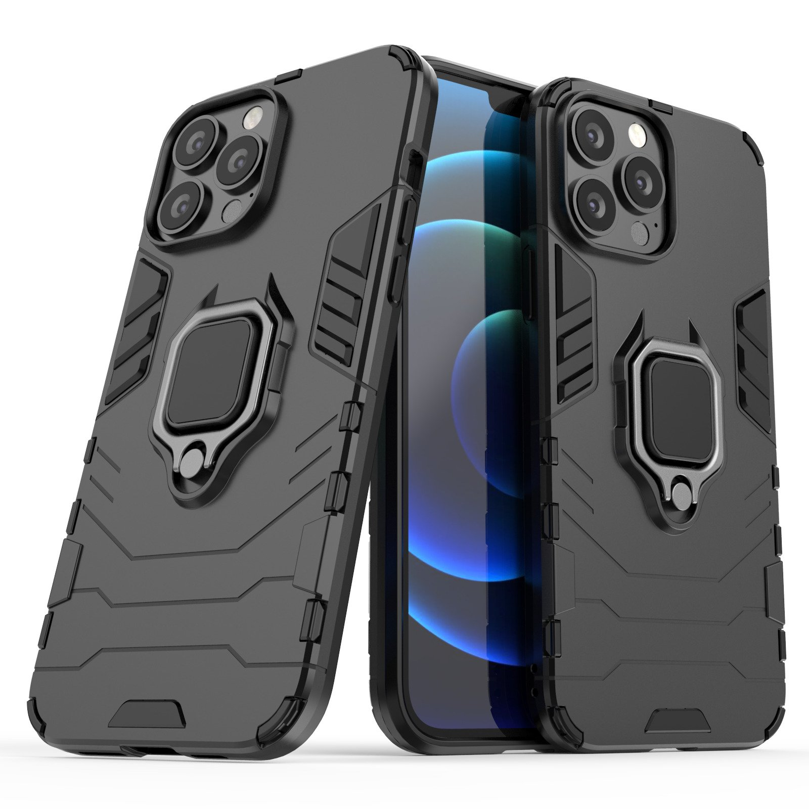 Fundas de teléfono negras con anillos. Teléfonos dentro, mostrando pantallas.