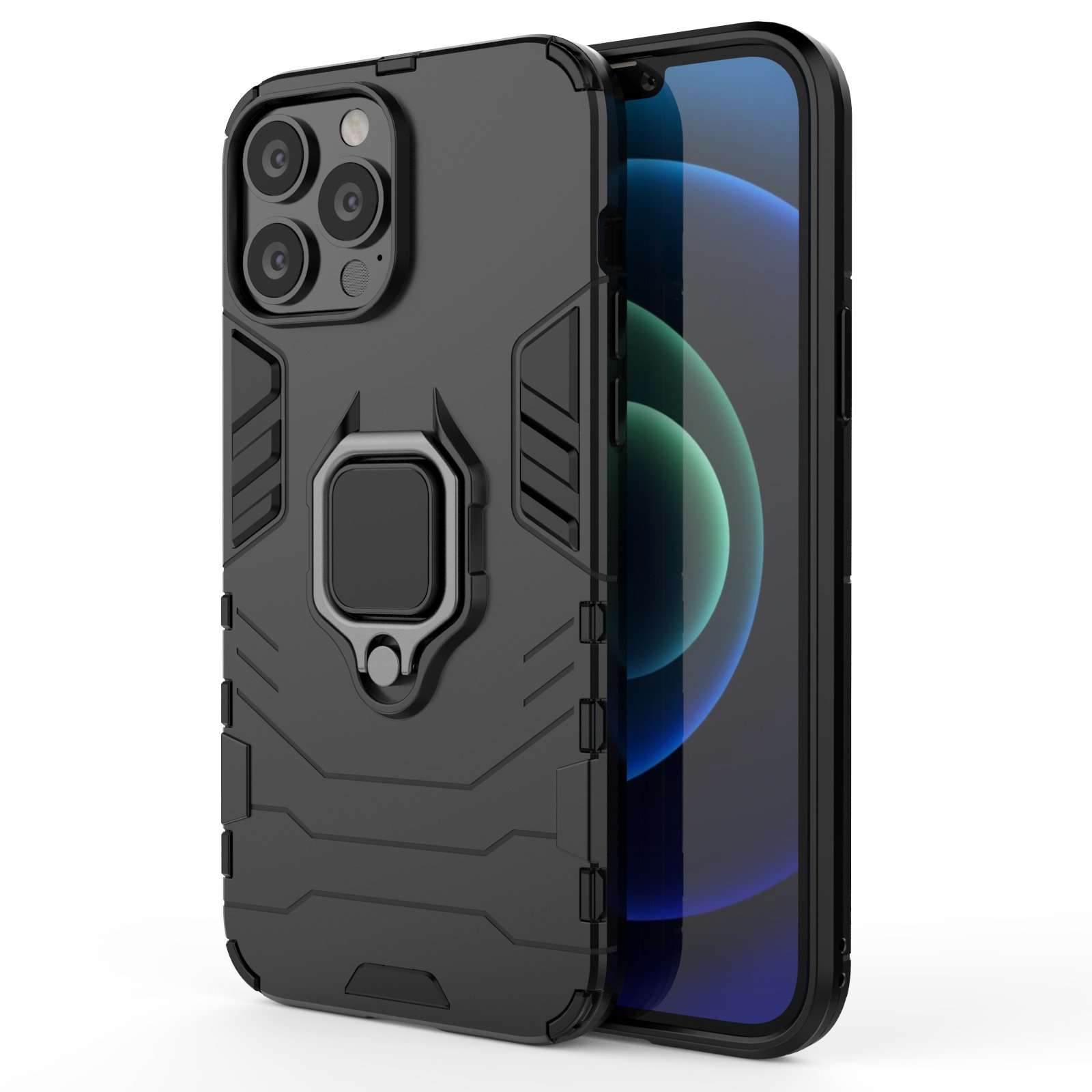 Funda negra con soporte de anillo, protegiendo la pantalla. Fondo blanco.