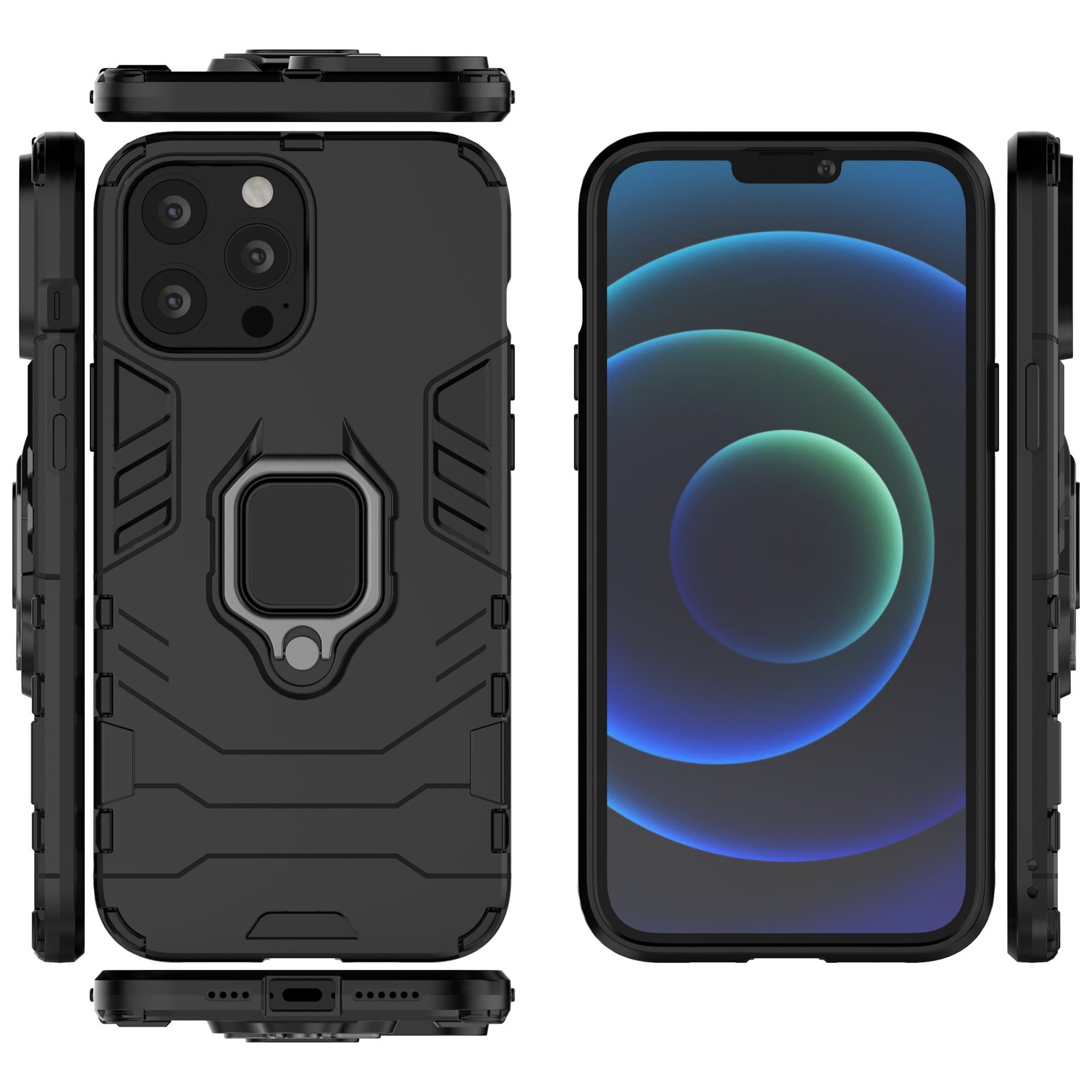 Funda negra para teléfono con soporte de anillo plateado, múltiples vistas de la funda y el teléfono.
