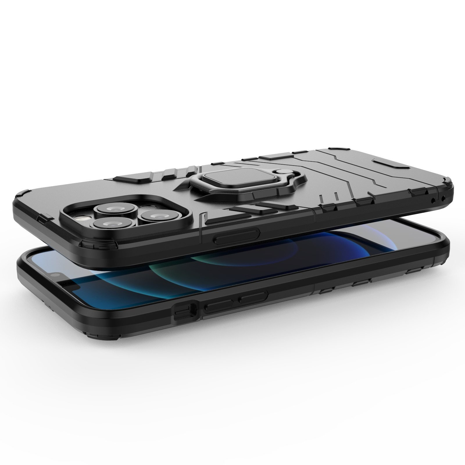 Funda negra con soporte de anillo, teléfono dentro. Teléfono sobre superficie negra.