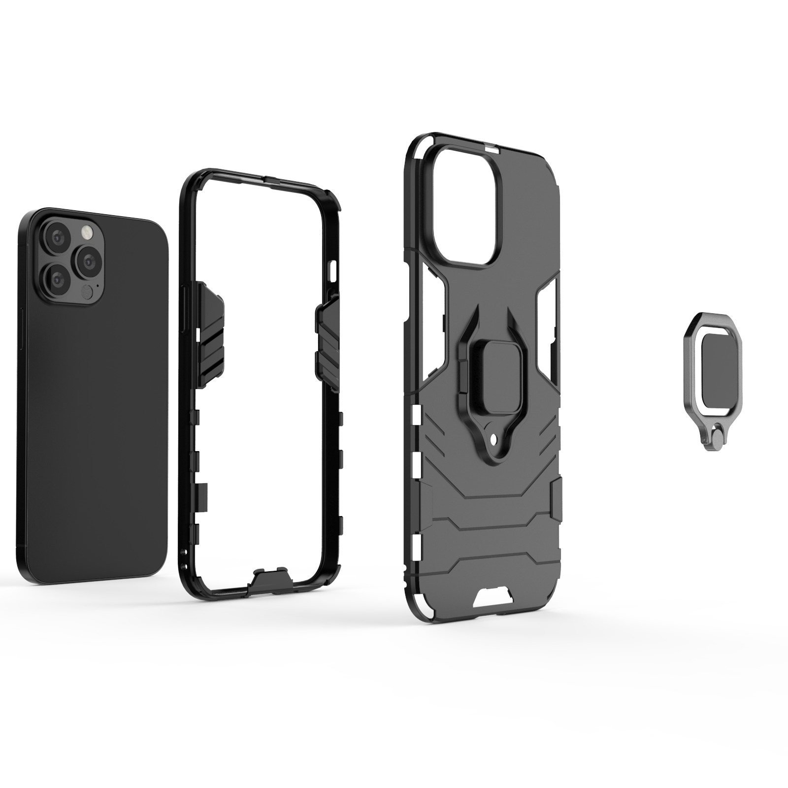 Componentes de funda negra: teléfono, marco, tapa trasera y soporte de anillo, desmontados.