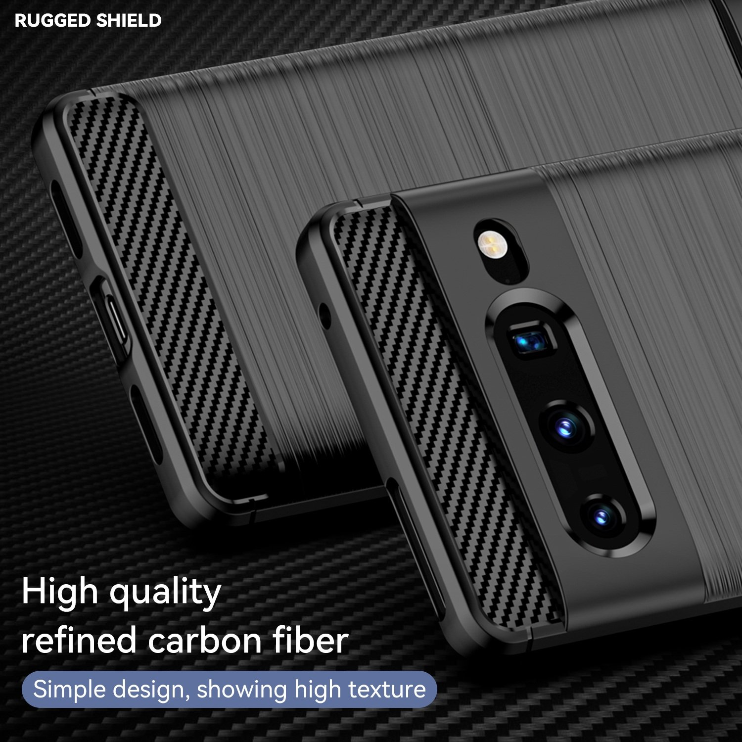 Funda negra para teléfono con textura de fibra de carbono; diseño de escudo resistente.