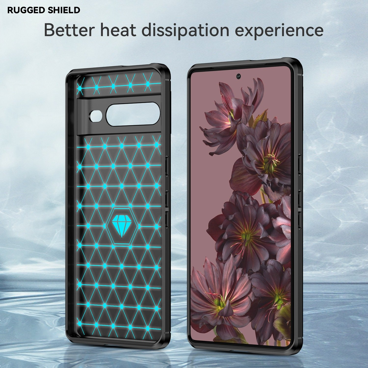 Funda negra con diseño azul. Teléfono muestra flores oscuras sobre fondo claro.