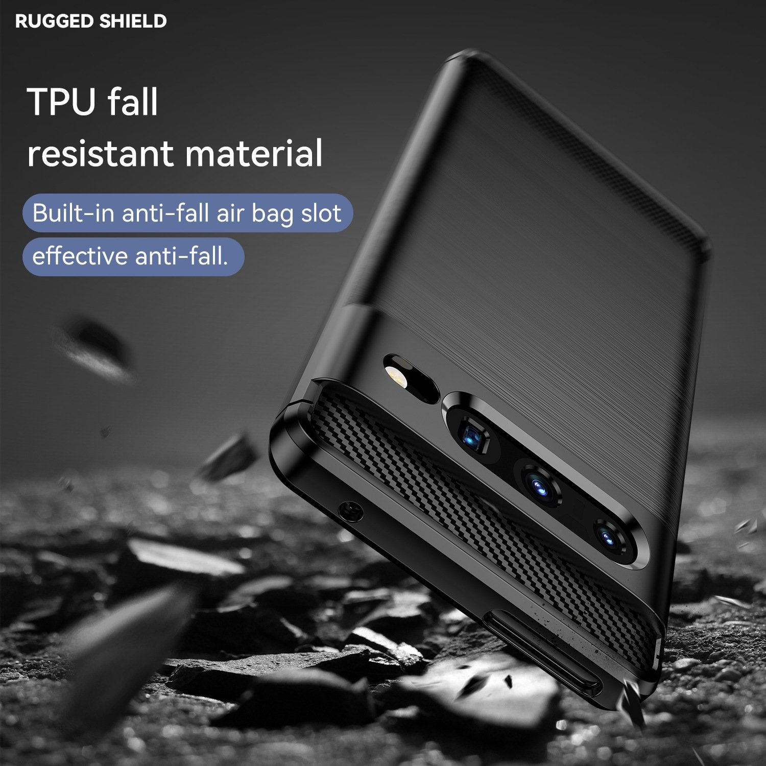 Funda negra para teléfono con superficie texturizada. Texto: Material TPU resistente a caídas.