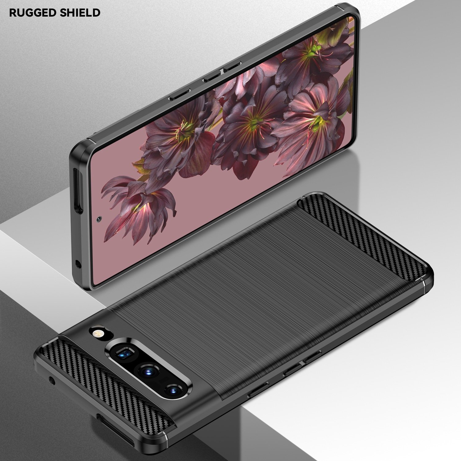Funda negra con patrón de fibra de carbono, sujetando un teléfono con pantalla floral.