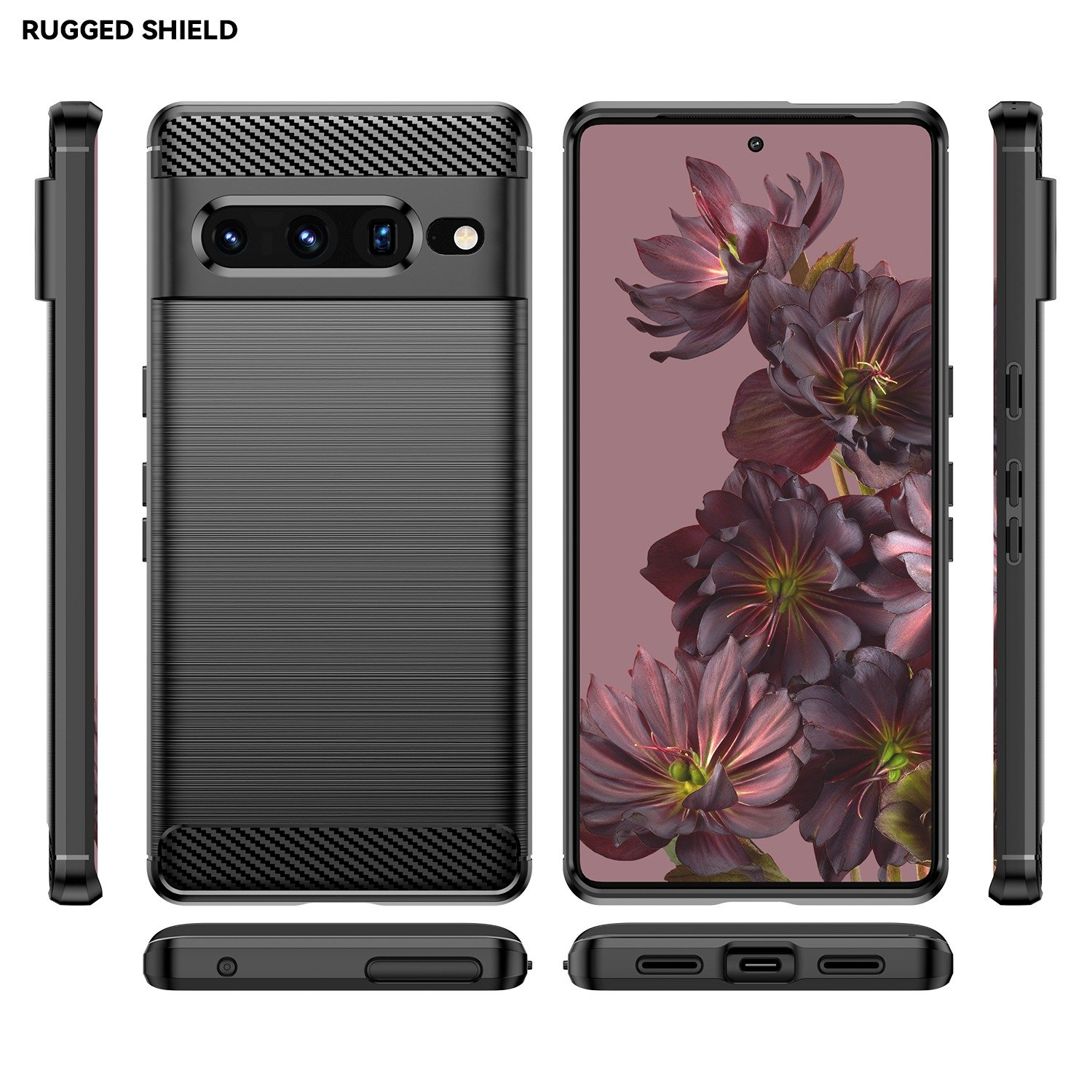 Funda de teléfono con parte trasera texturizada gris oscuro y teléfono con fondo floral.