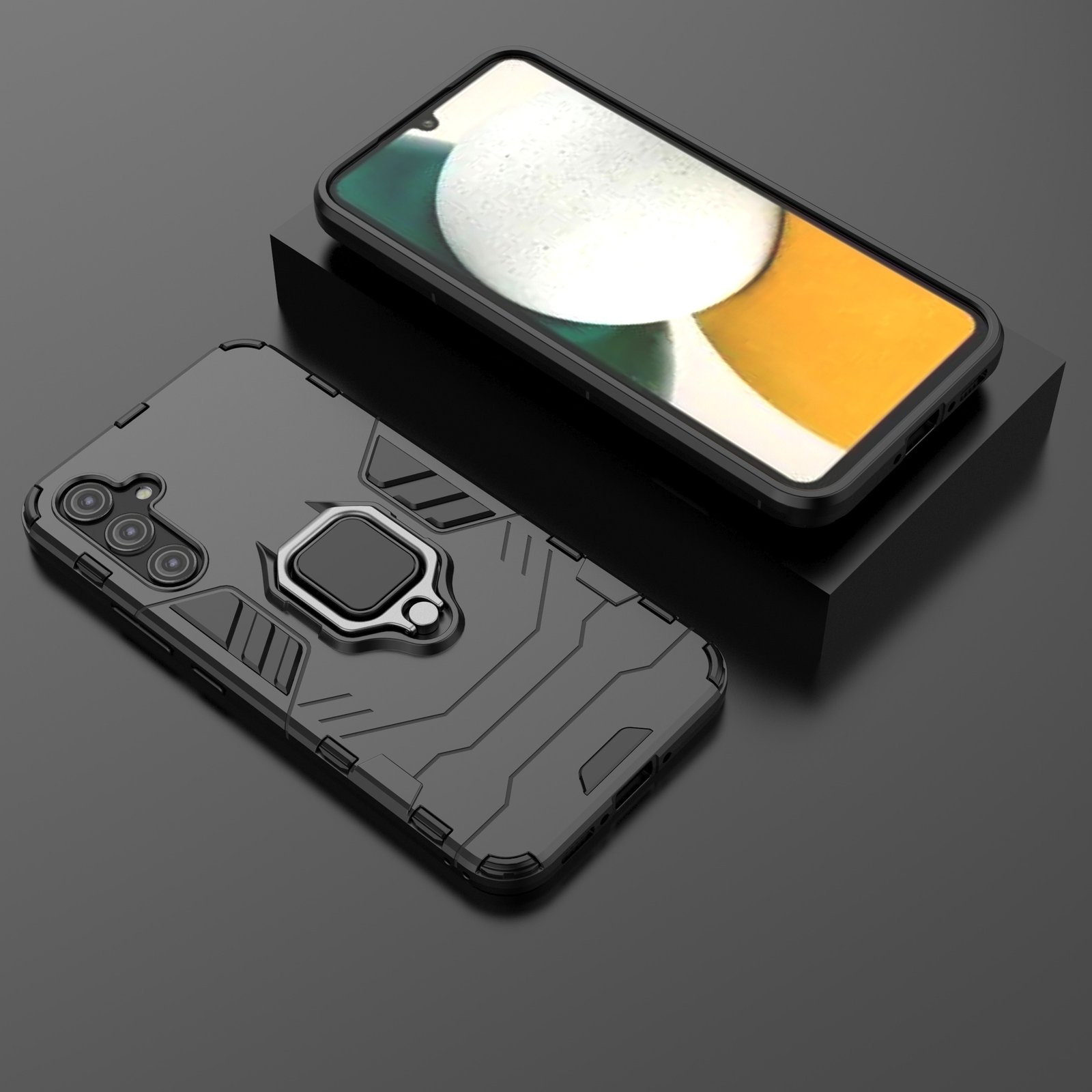 Funda negra con soporte de anillo. Teléfono sobre superficie negra con soporte.