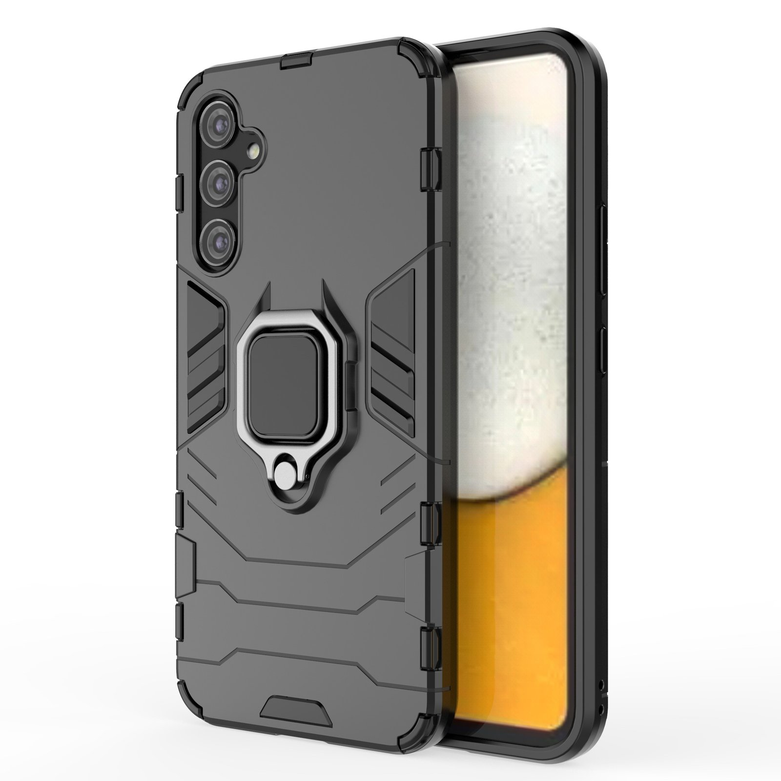 Funda de teléfono negra con soporte de anillo y teléfono. Fondo blanco.