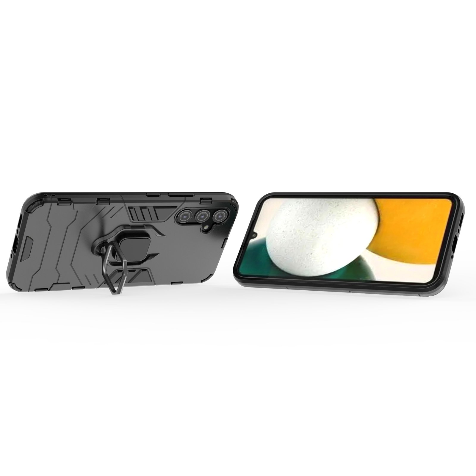 Teléfono negro con funda protectora, soporte de anillo y cámara de lentes múltiples.