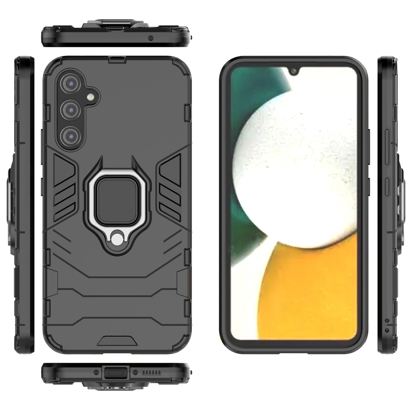 Funda de teléfono negra con soporte de anillo y múltiples vistas del teléfono.