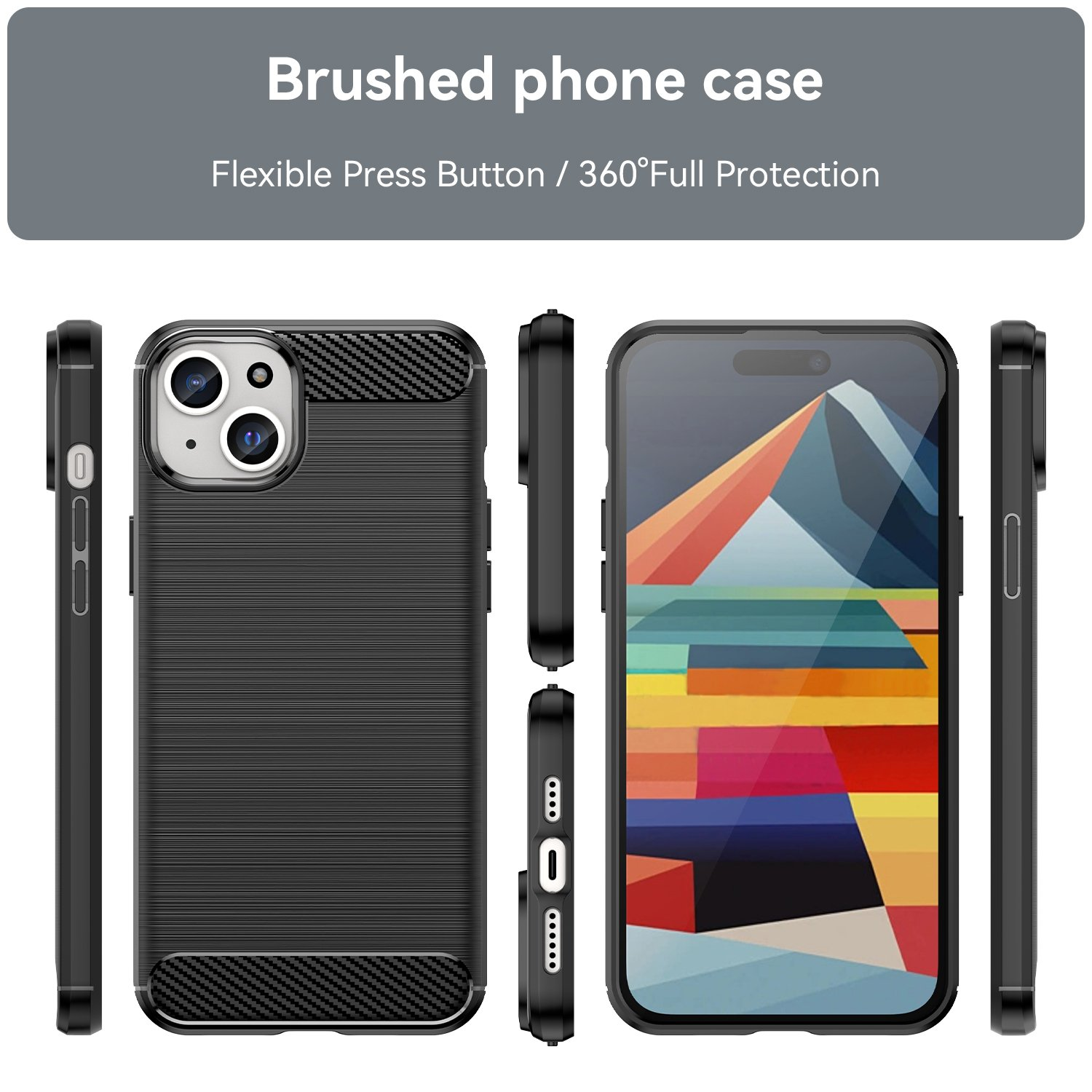 Teléfono negro con funda, vistas laterales. La funda tiene textura trasera, cubre bordes.
