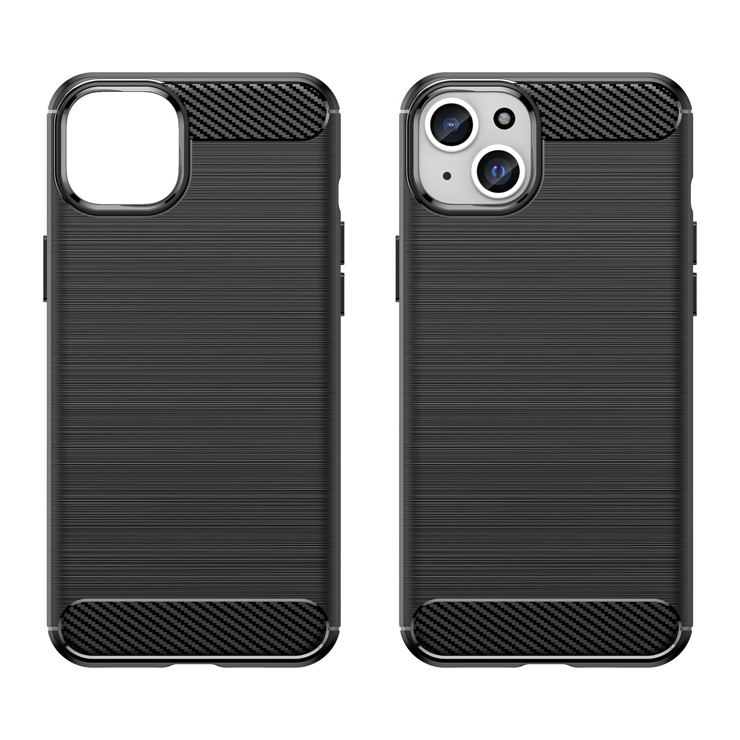 Dos fundas para teléfono, una con teléfono. Ambas con detalles de fibra de carbono.