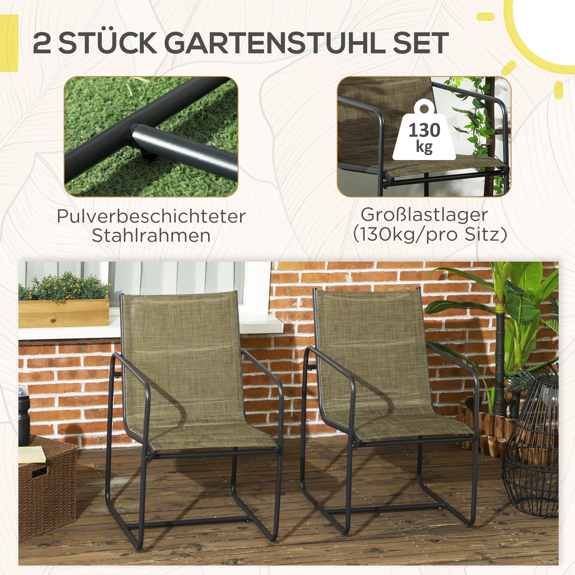 Zwei Gartenstühle mit schwarzen Rahmen und grünen Sitzflächen werden auf einem Holzdeck gezeigt. Inset-Bilder zeigen Details.