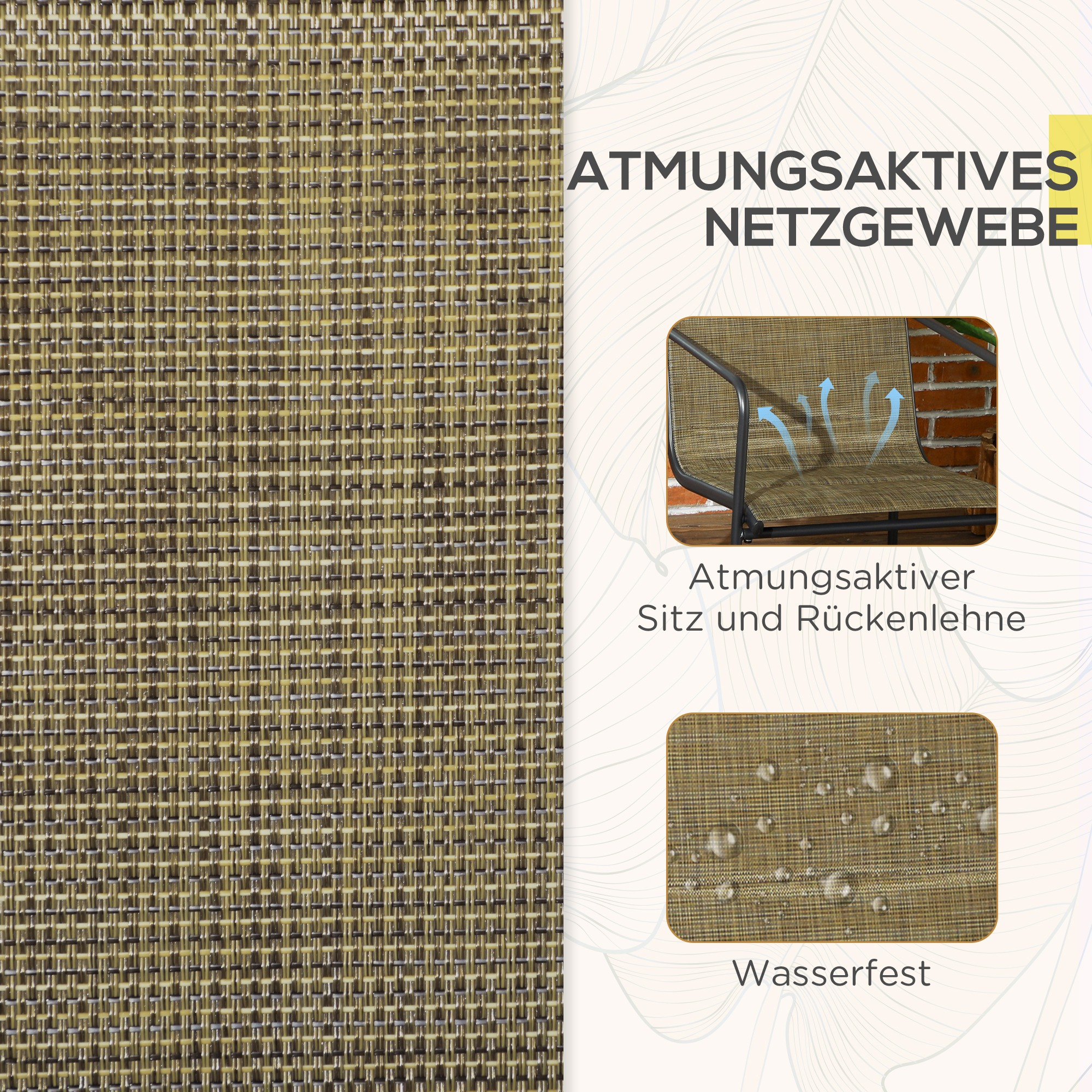 Nahaufnahme des Stoffes mit Diagrammen. Der Stoff ist braun, atmungsaktiv und wasserdicht.